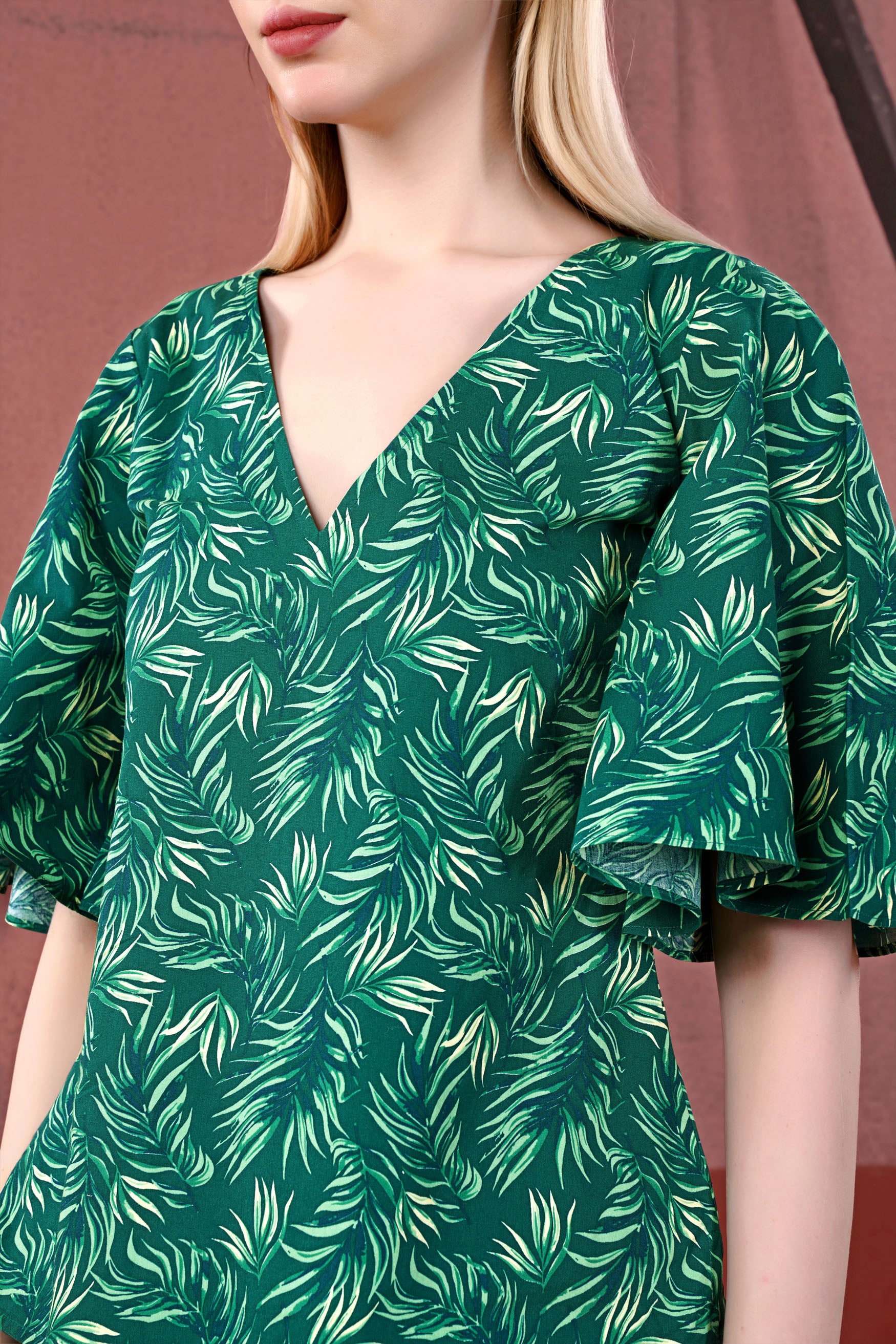 Cyprus Green and Deep Teal Green Leaves Printed Bell Sleeves Premium Cotton V Neck Shirt