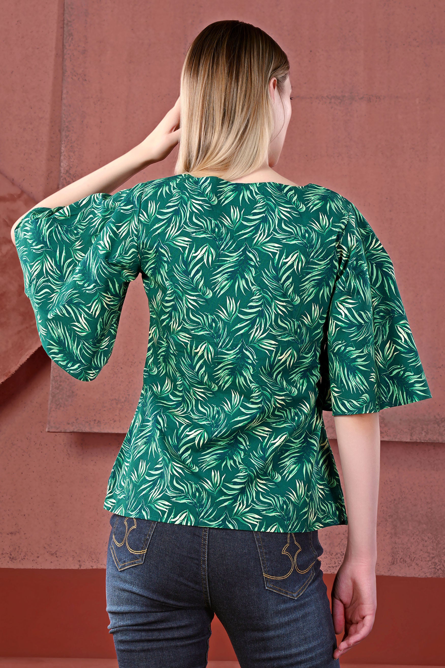 Cyprus Green and Deep Teal Green Leaves Printed Bell Sleeves Premium Cotton V Neck Shirt