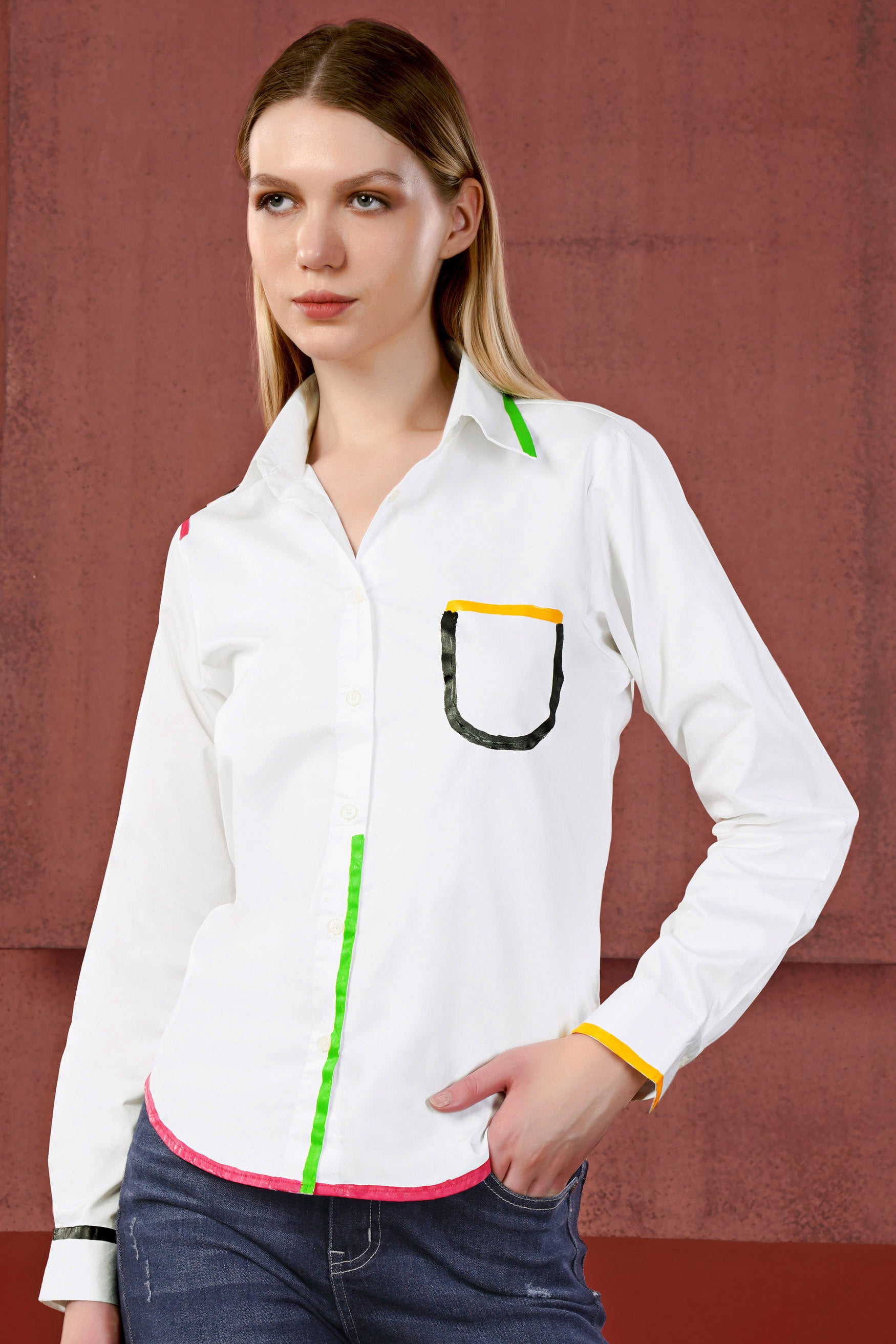 Bright White Multicolour Hand Painted Premium Cotton Designer Shirt