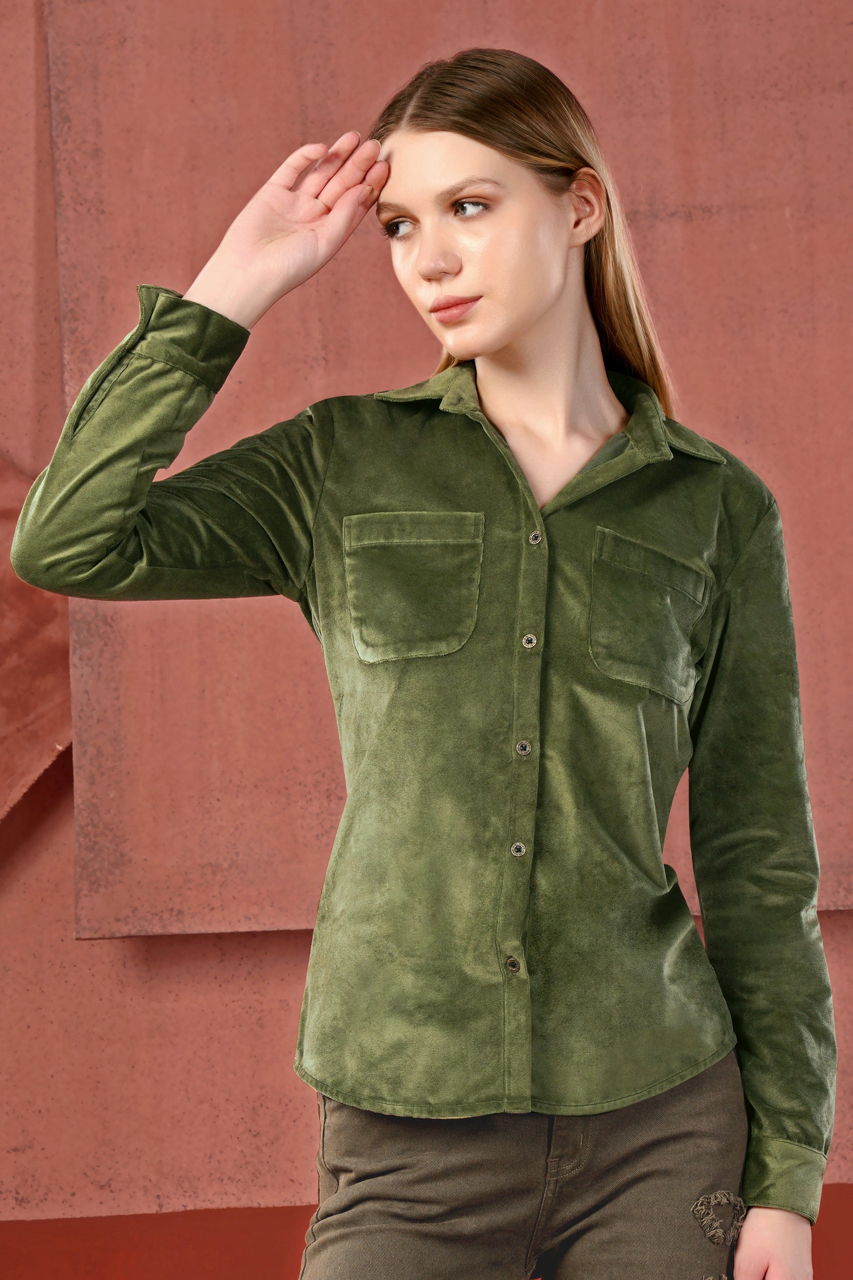 Kelp Green Velvet Designer Shirt