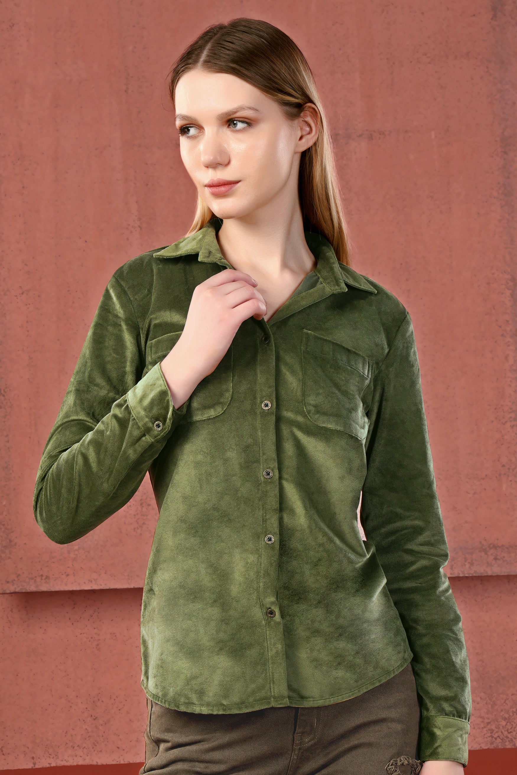 Kelp Green Velvet Designer Shirt