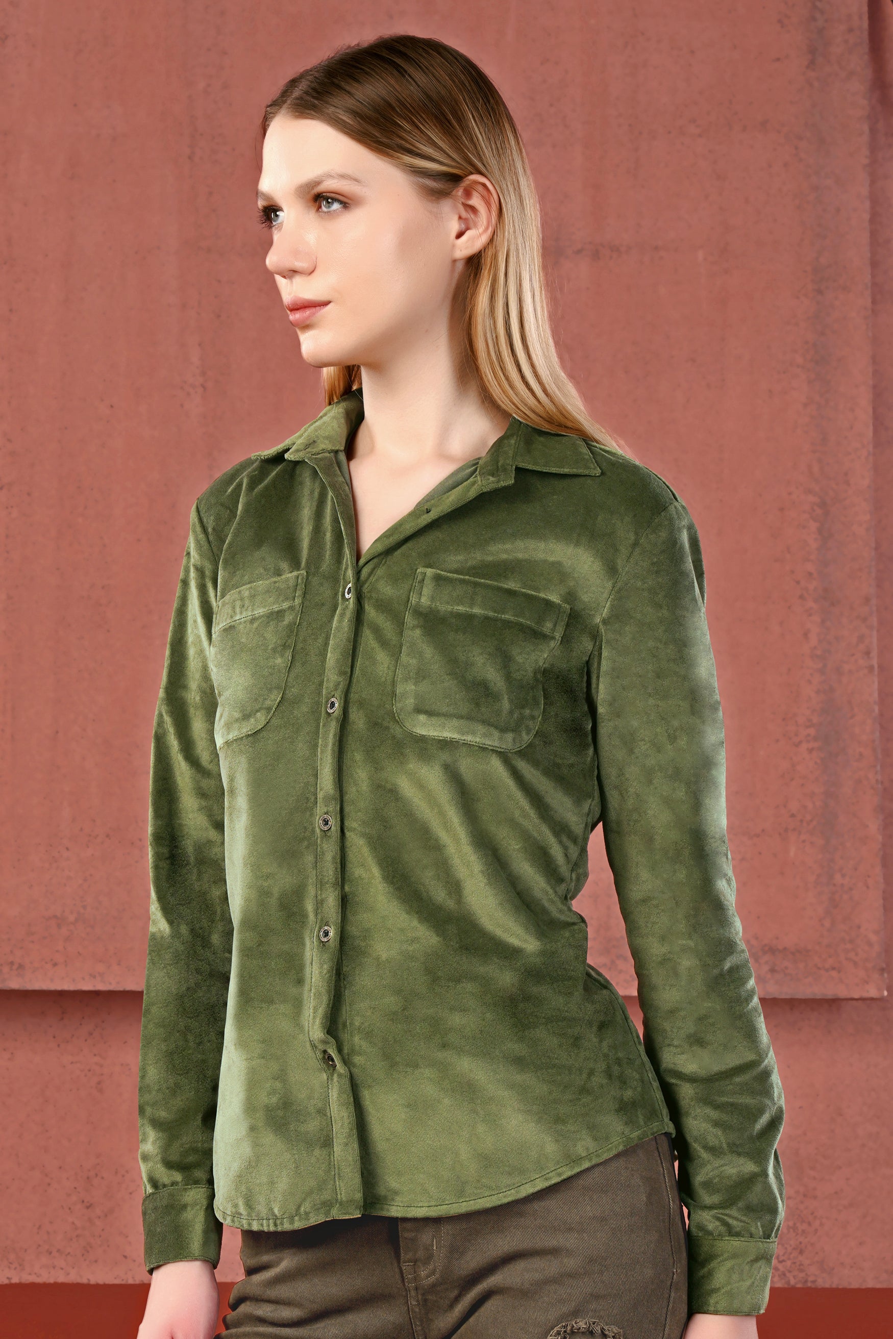 Kelp Green Velvet Designer Shirt
