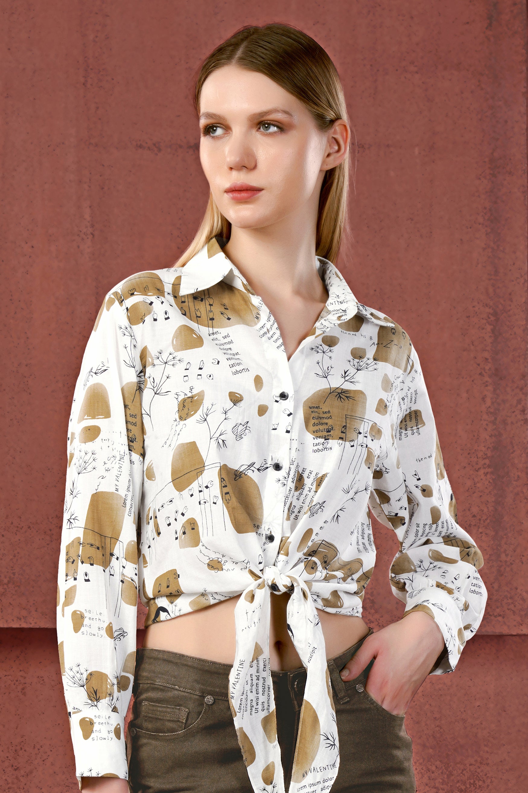 Bright White and Muesli Brown Abstract Printed Premium Tencel Tie Up Style Crop Shirt