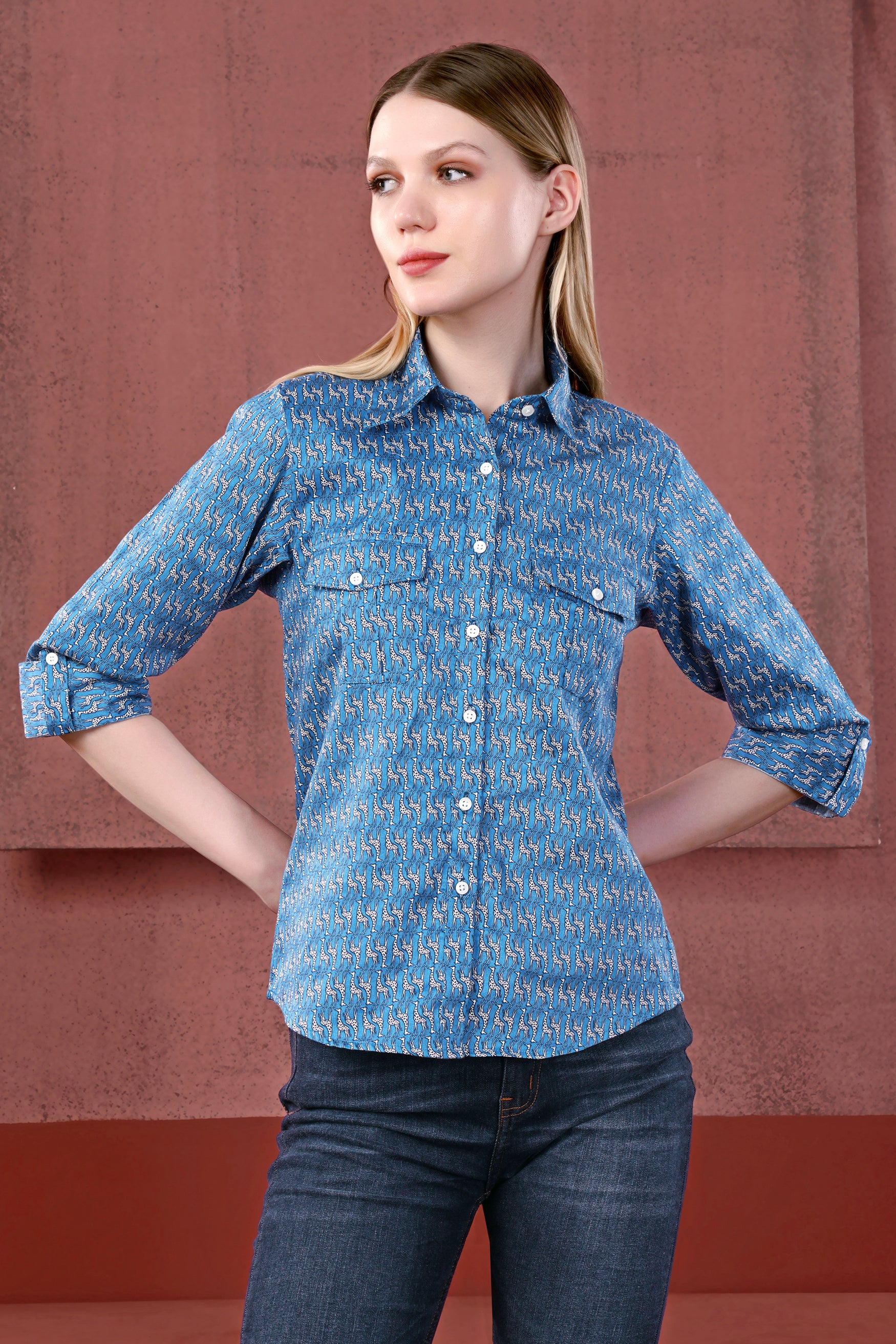 Peacock Blue and Bright White Giraffes Printed Premium Cotton Designer Shirt