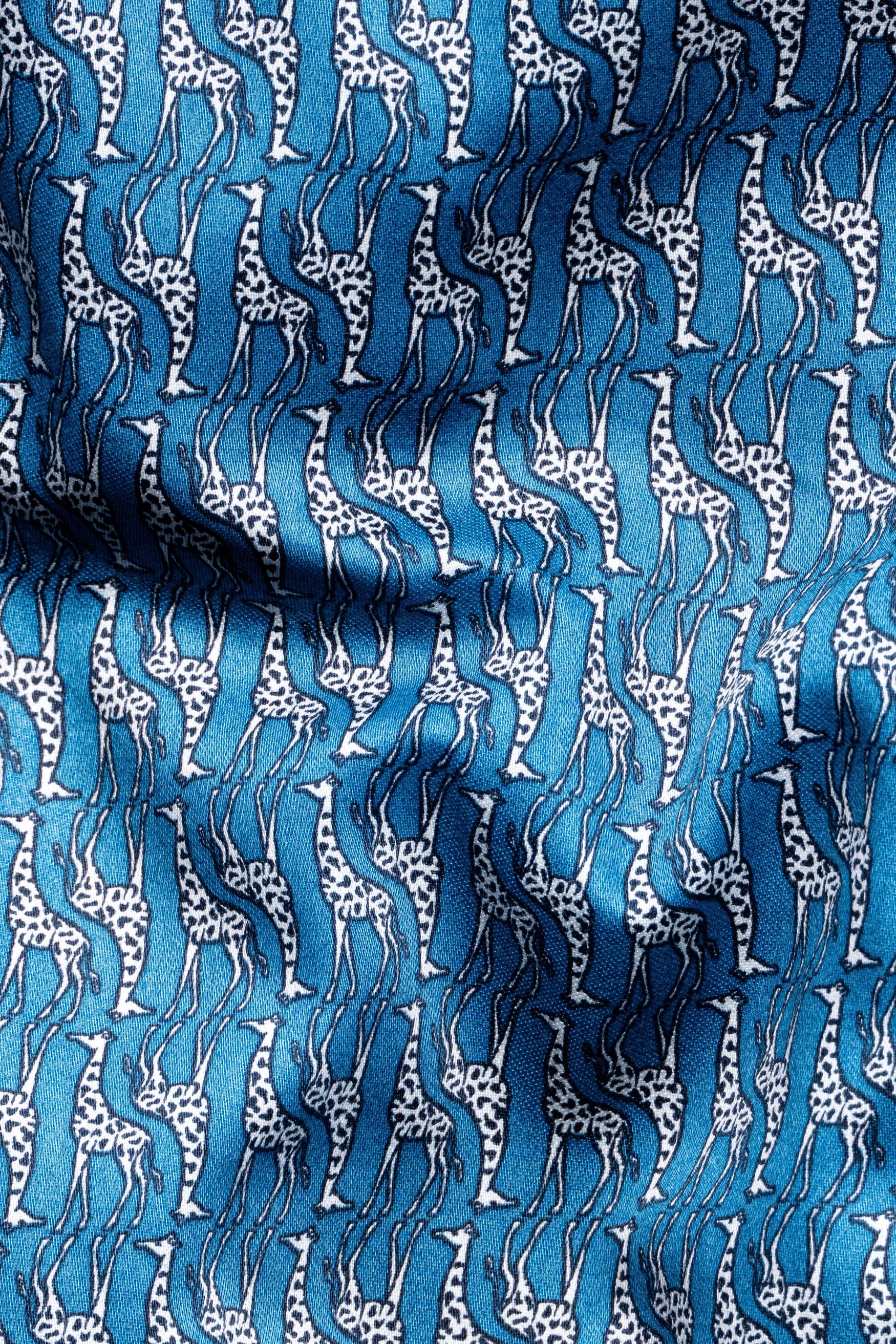 Peacock Blue and Bright White Giraffes Printed Premium Cotton Designer Shirt