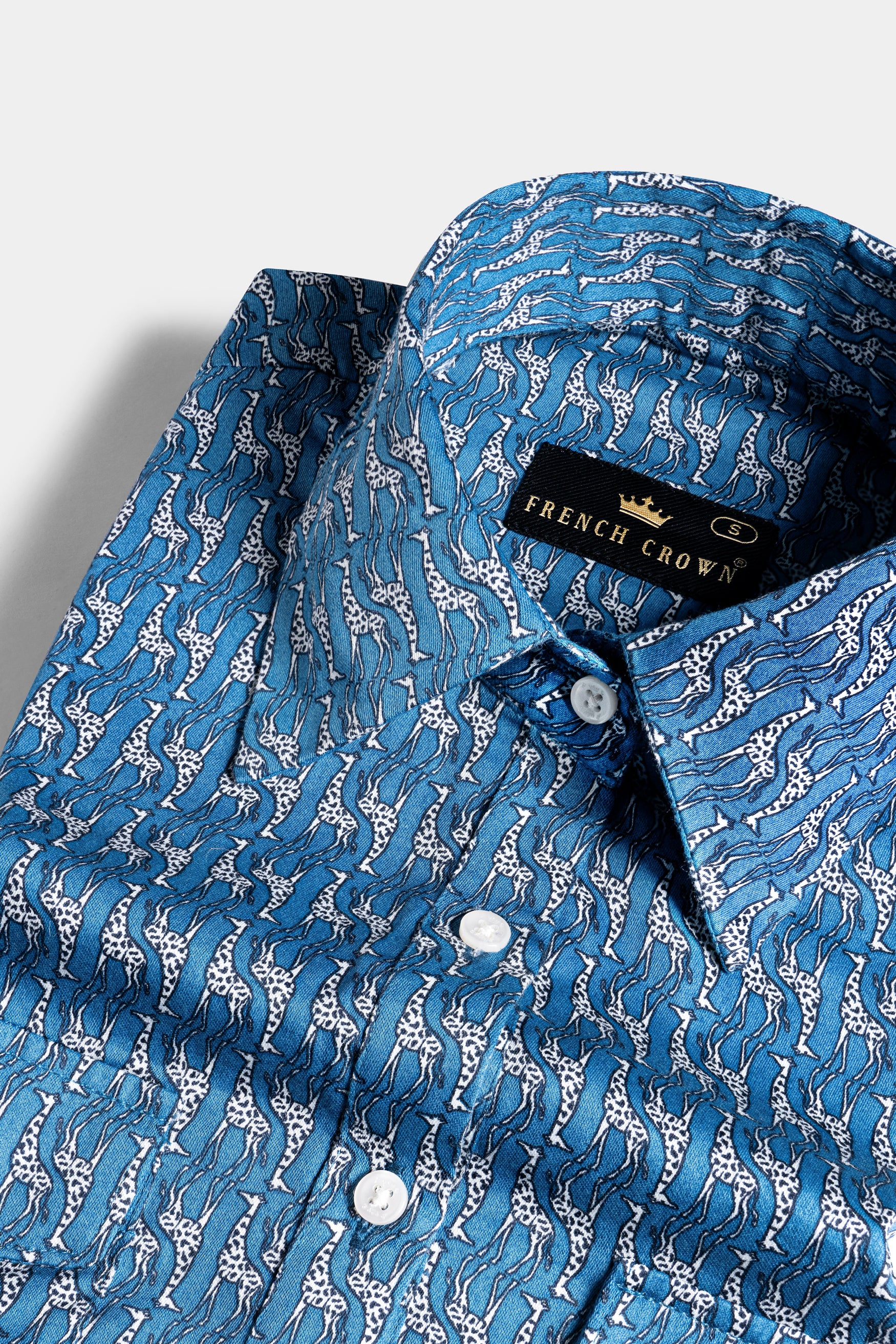 Peacock Blue and Bright White Giraffes Printed Premium Cotton Designer Shirt