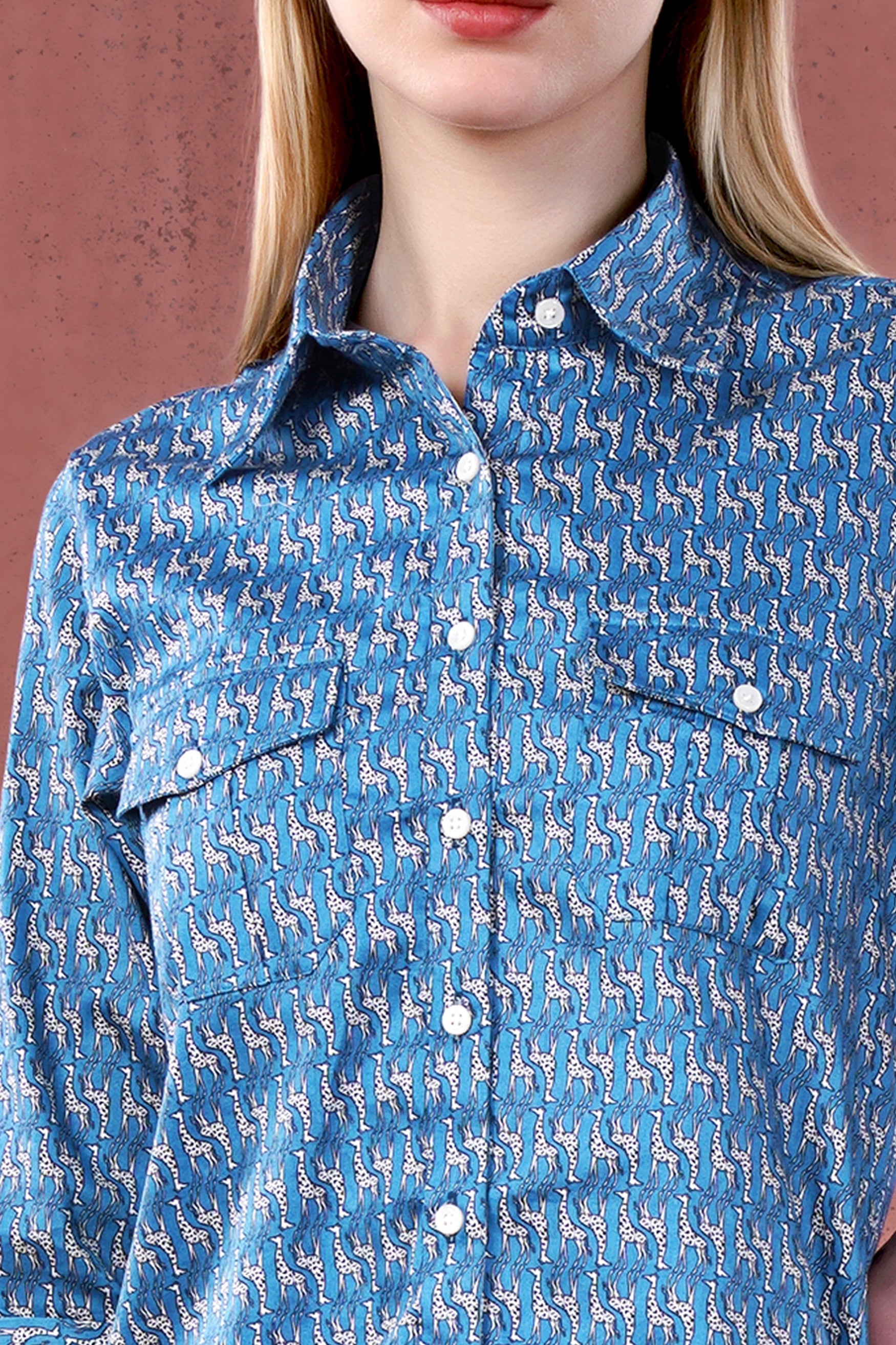 Peacock Blue and Bright White Giraffes Printed Premium Cotton Designer Shirt