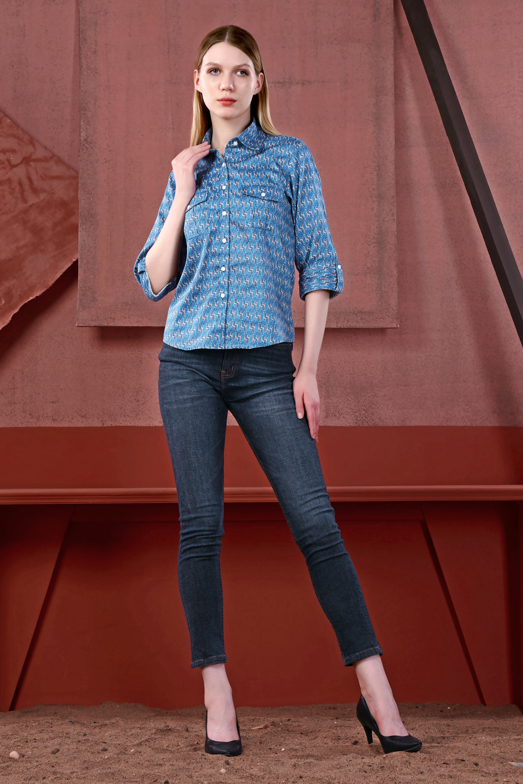 Peacock Blue and Bright White Giraffes Printed Premium Cotton Designer Shirt