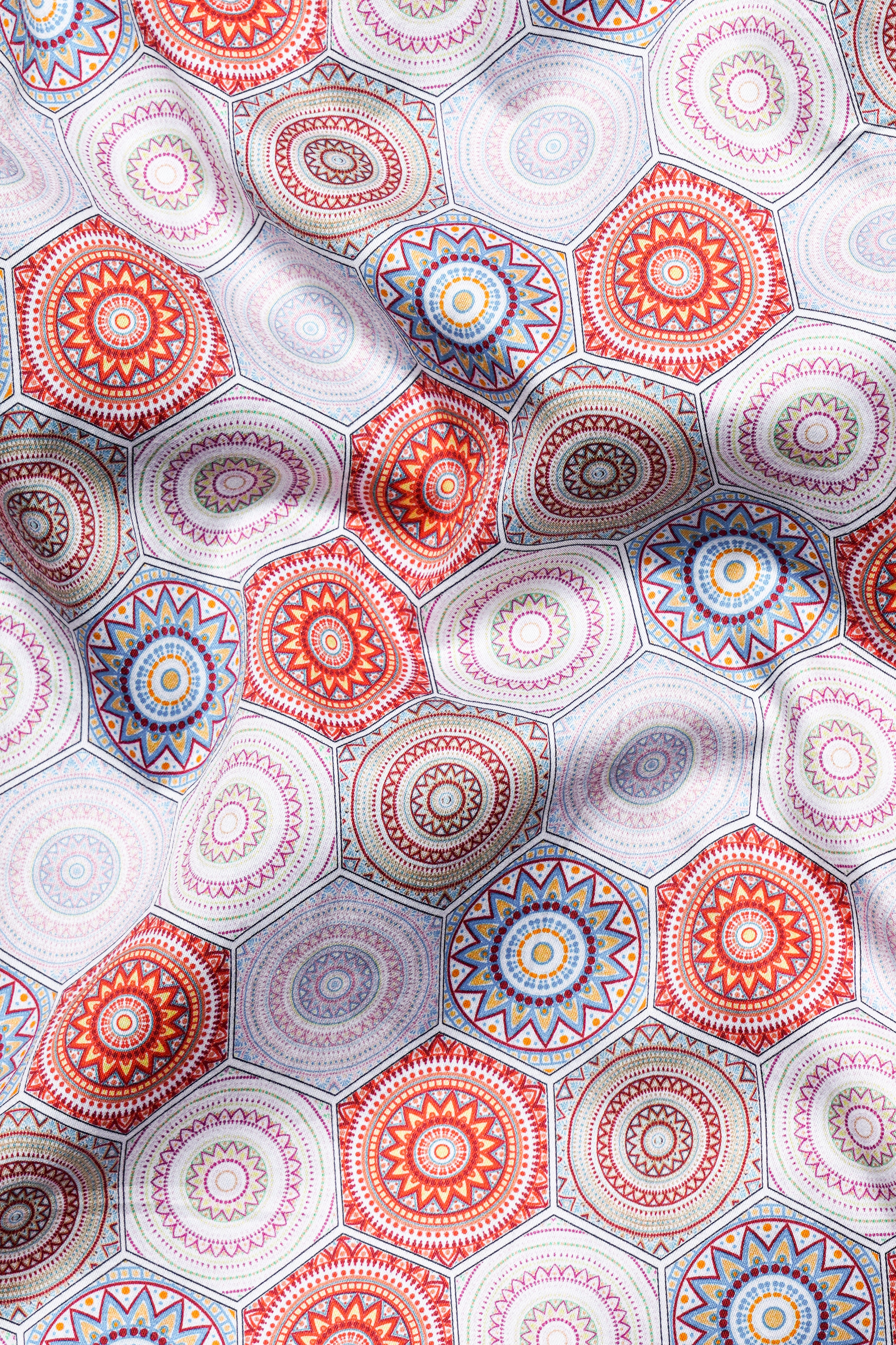 Merlot Red and White Multicolour Hexagonal Printed Premium Cotton Sleeveless Shirt