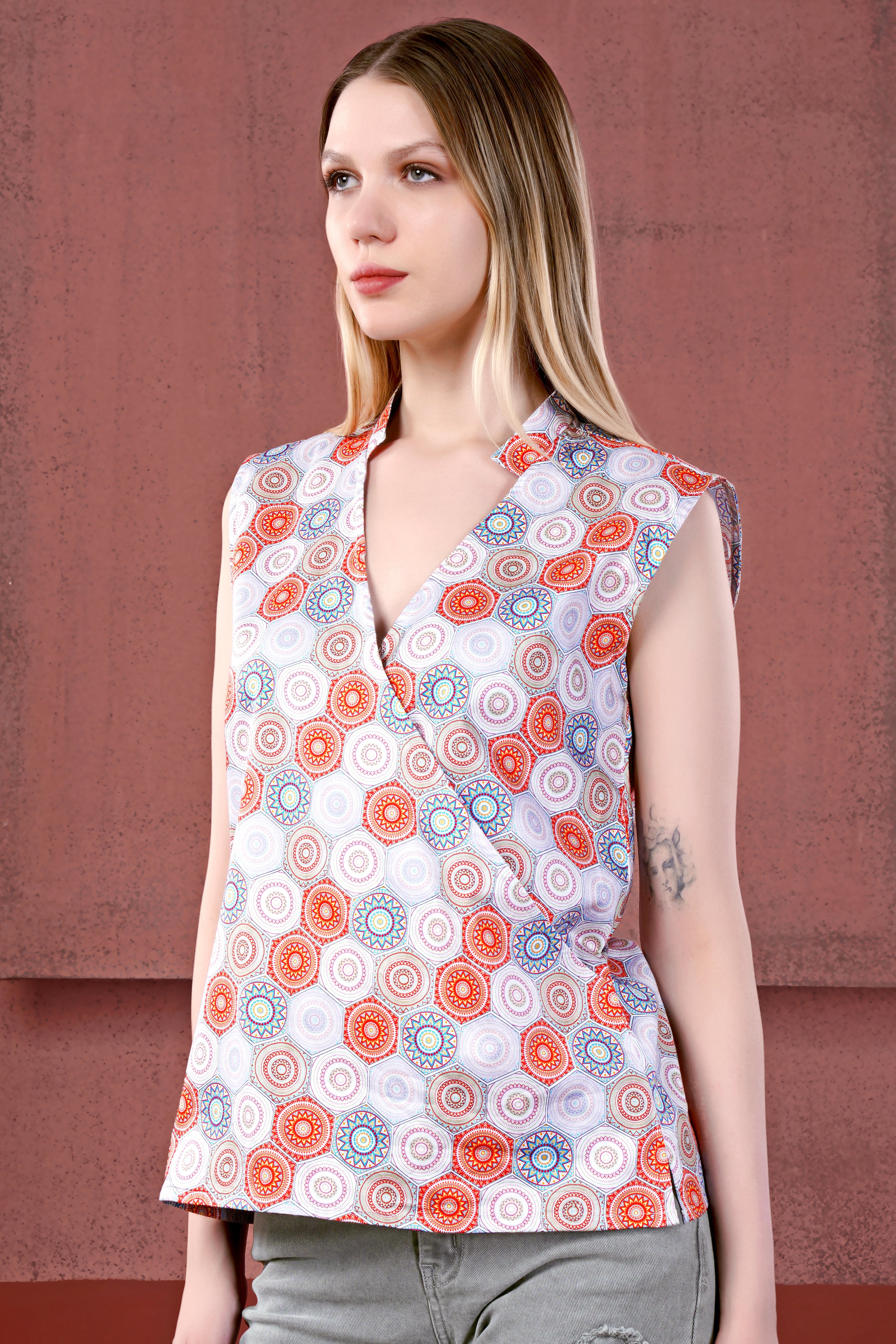 Merlot Red and White Multicolour Hexagonal Printed Premium Cotton Sleeveless Shirt