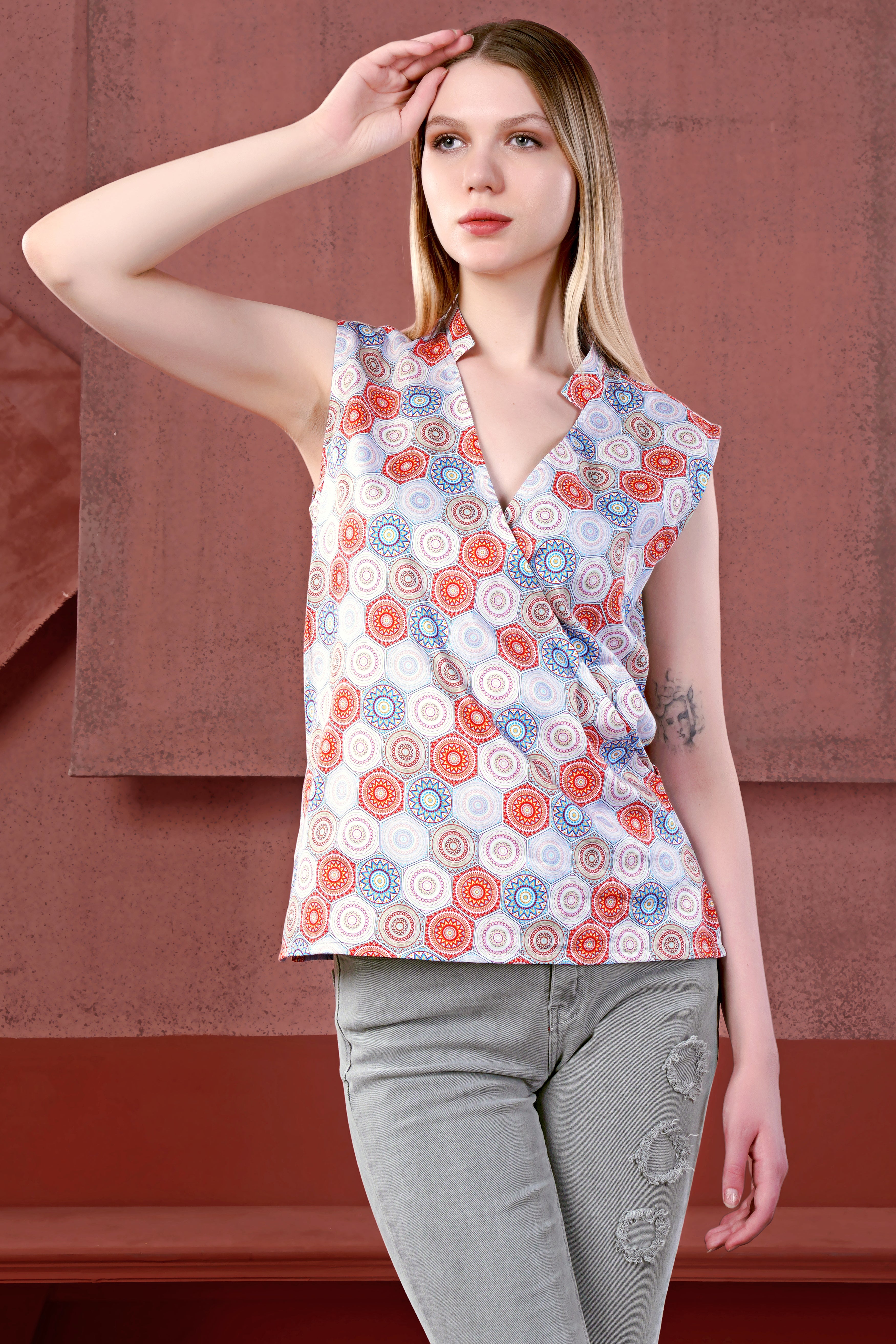 Merlot Red and White Multicolour Hexagonal Printed Premium Cotton Sleeveless Shirt