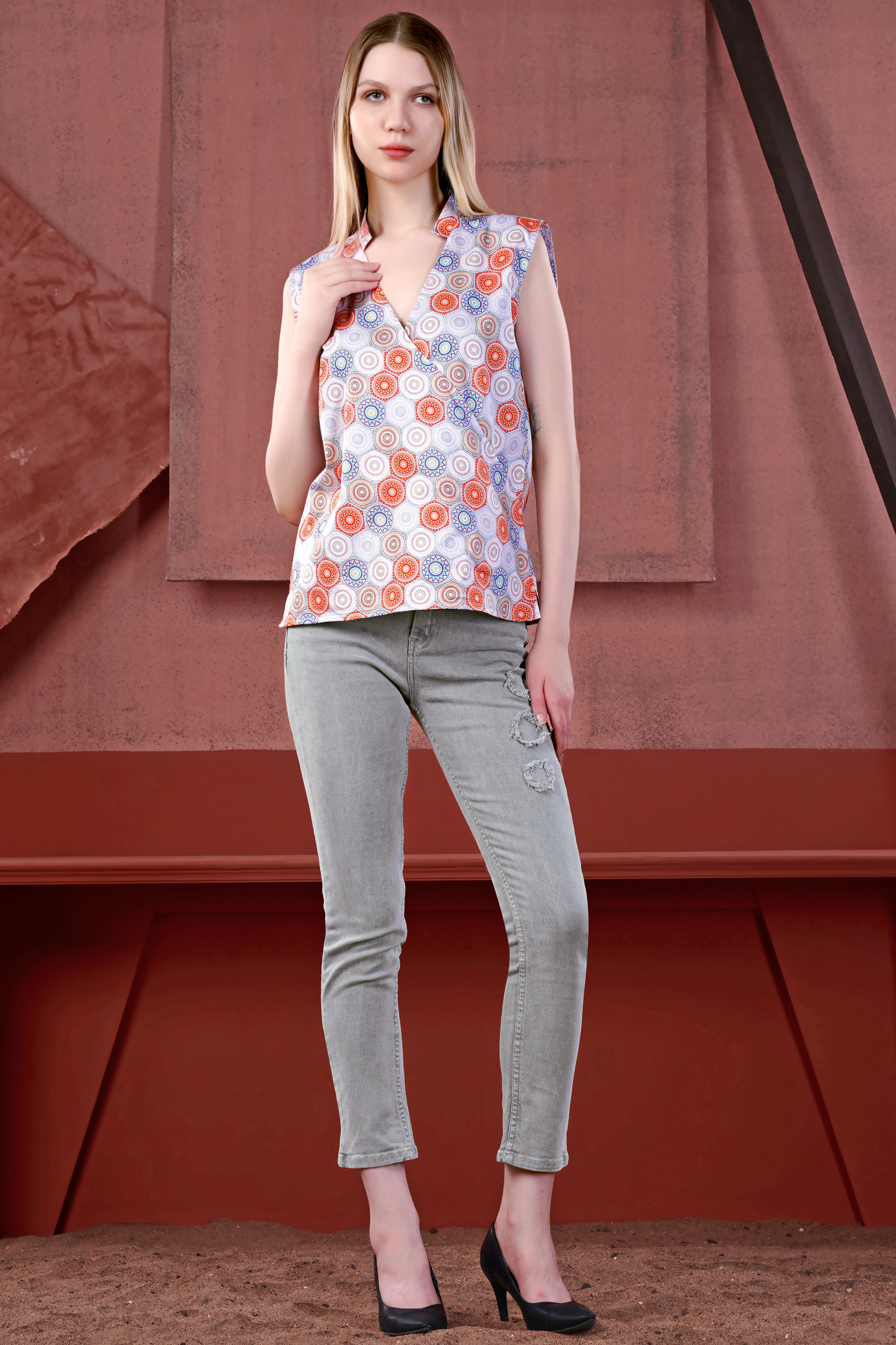 Merlot Red and White Multicolour Hexagonal Printed Premium Cotton Sleeveless Shirt