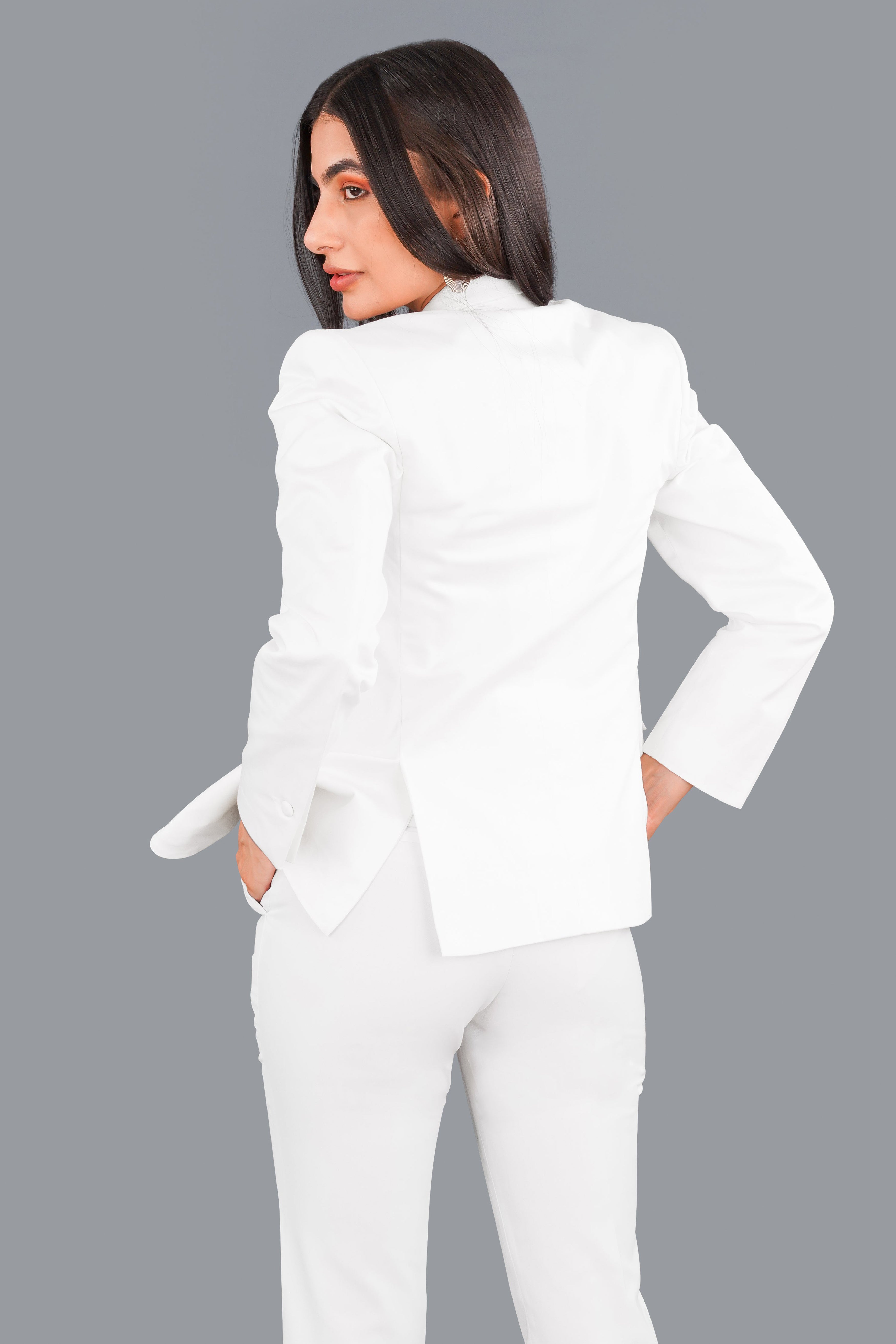 Bright White with Black Patch Collar Premium Cotton Women's Suit