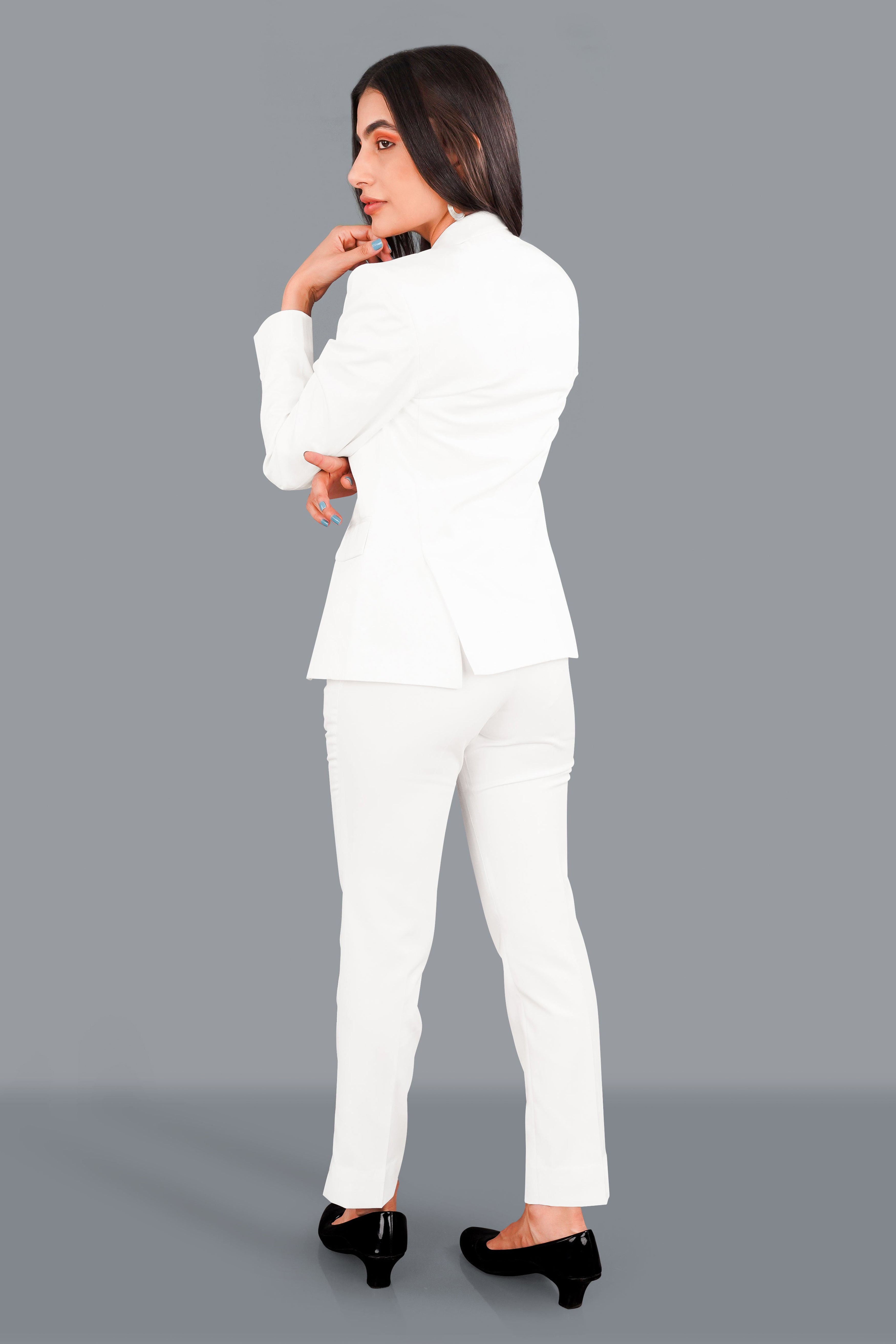 Bright White with Black Patch Collar Premium Cotton Women's Suit