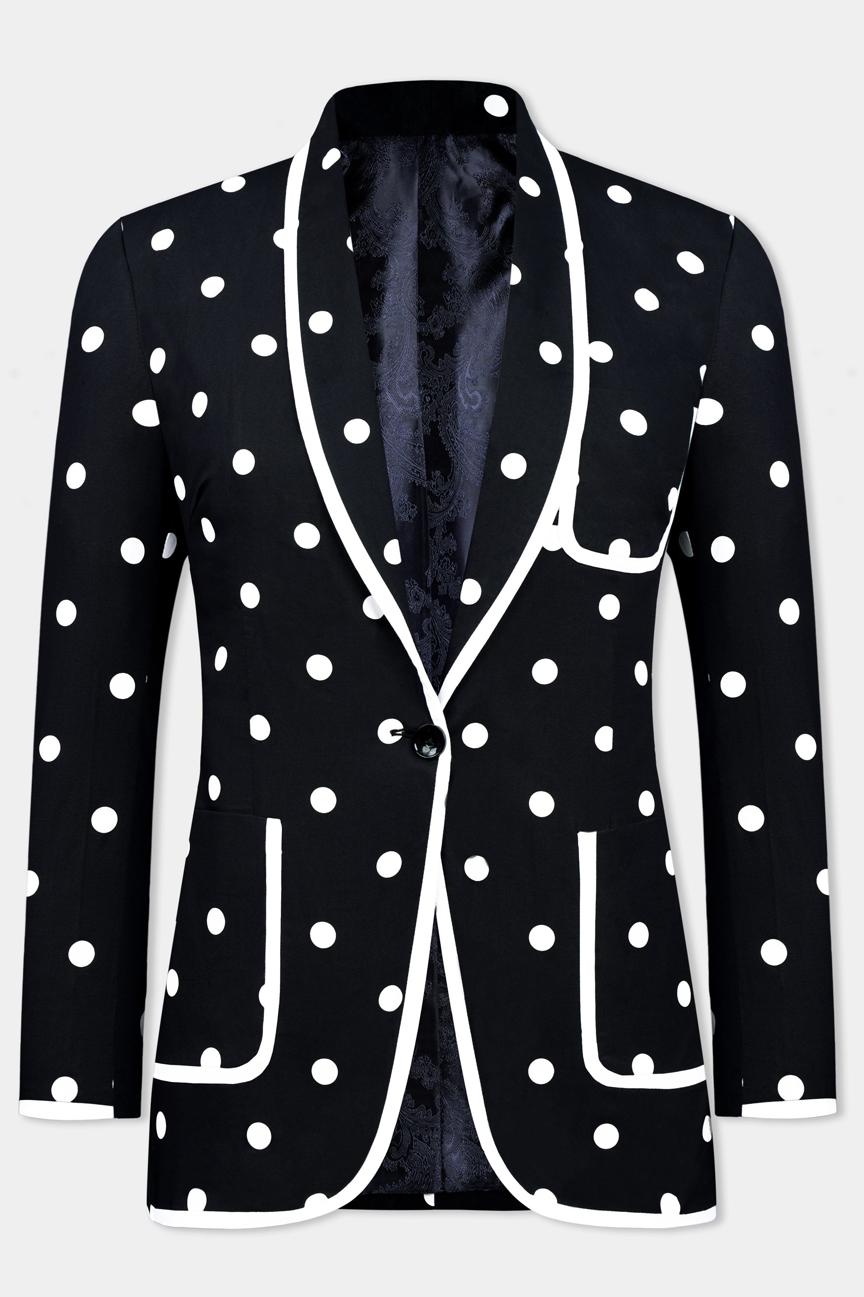 Jade Black and Bright White Polka Dotted With White Piping Work Premium Cotton Women’s Designer Suit