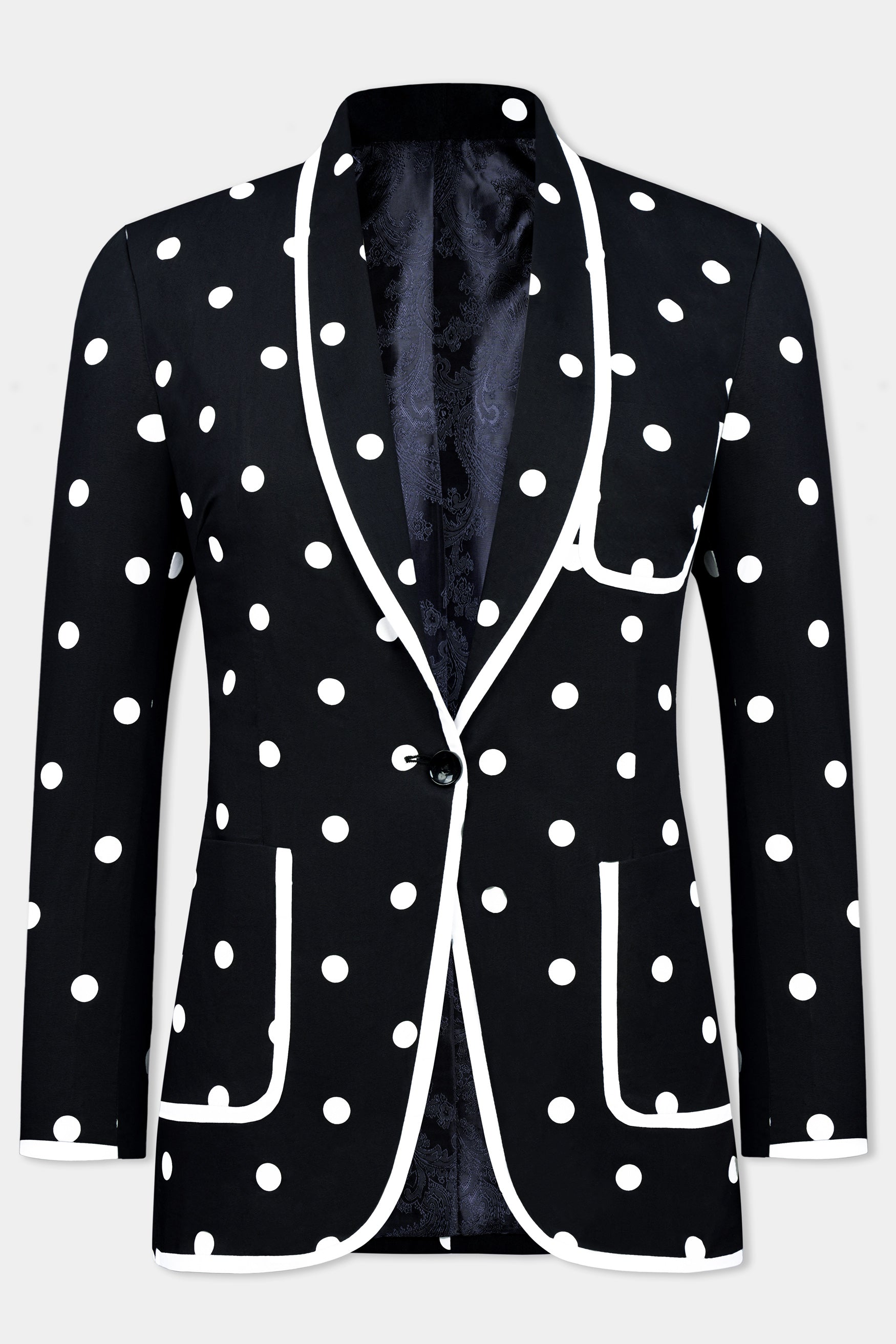 Jade Black and Bright White Polka Dotted With White Piping Work Premium Cotton Women’s Designer Suit