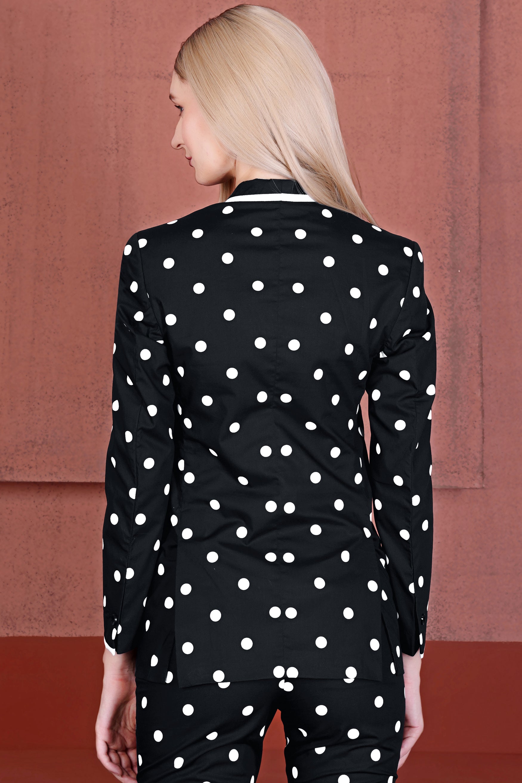 Jade Black and Bright White Polka Dotted With White Piping Work Premium Cotton Women’s Designer Suit