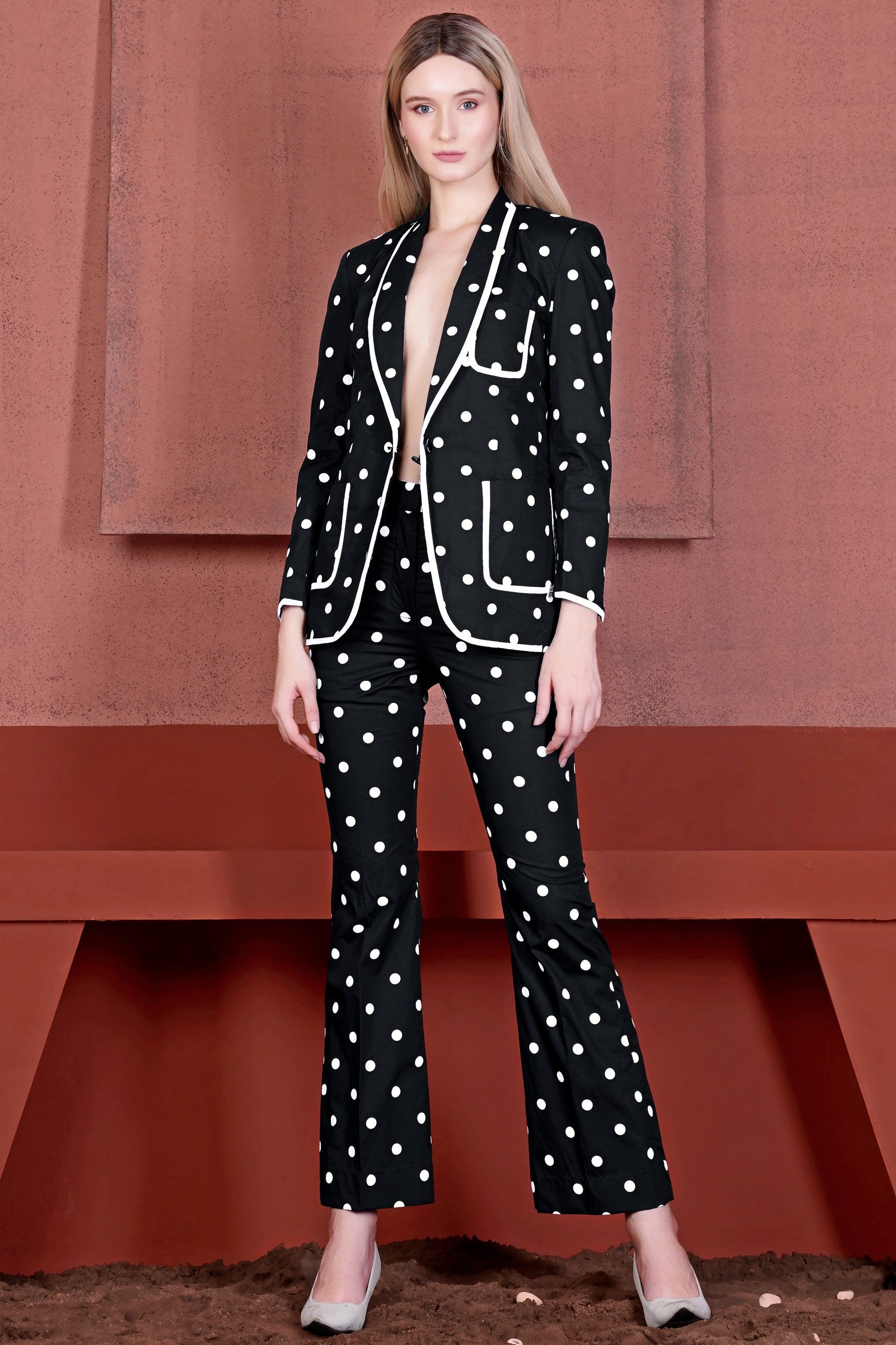 Jade Black and Bright White Polka Dotted With White Piping Work Premium Cotton Women’s Designer Suit