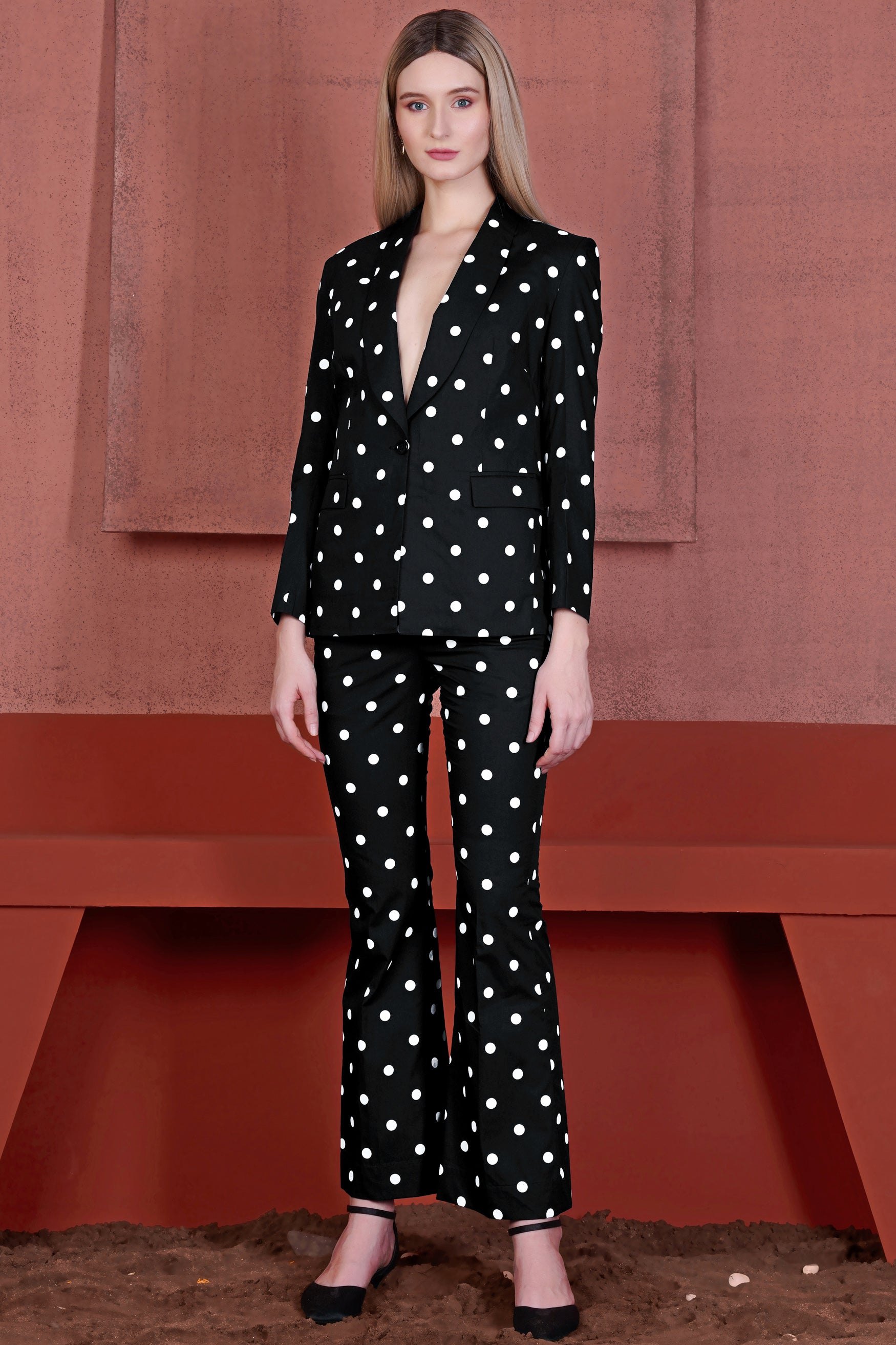 Jade Black and Bright White Polka Dotted Premium Cotton Women’s Tuxedo Suit