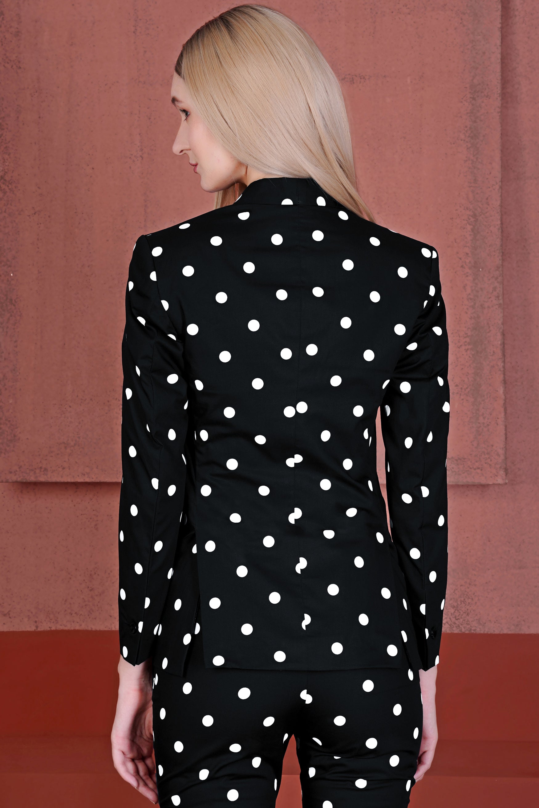 Jade Black and Bright White Polka Dotted Premium Cotton Women’s Tuxedo Suit