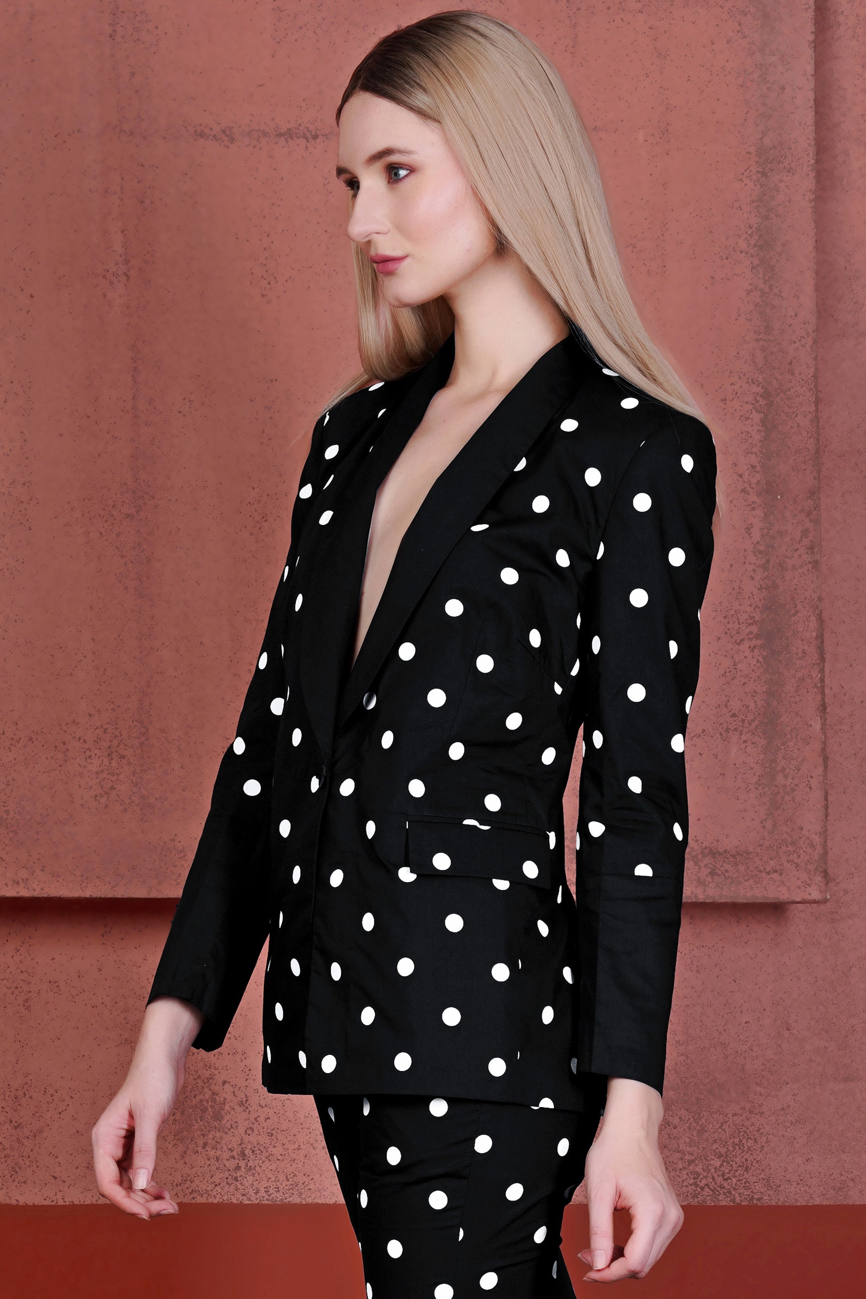 Jade Black and White Polka Dotted Premium Cotton Women’s Tuxedo Suit