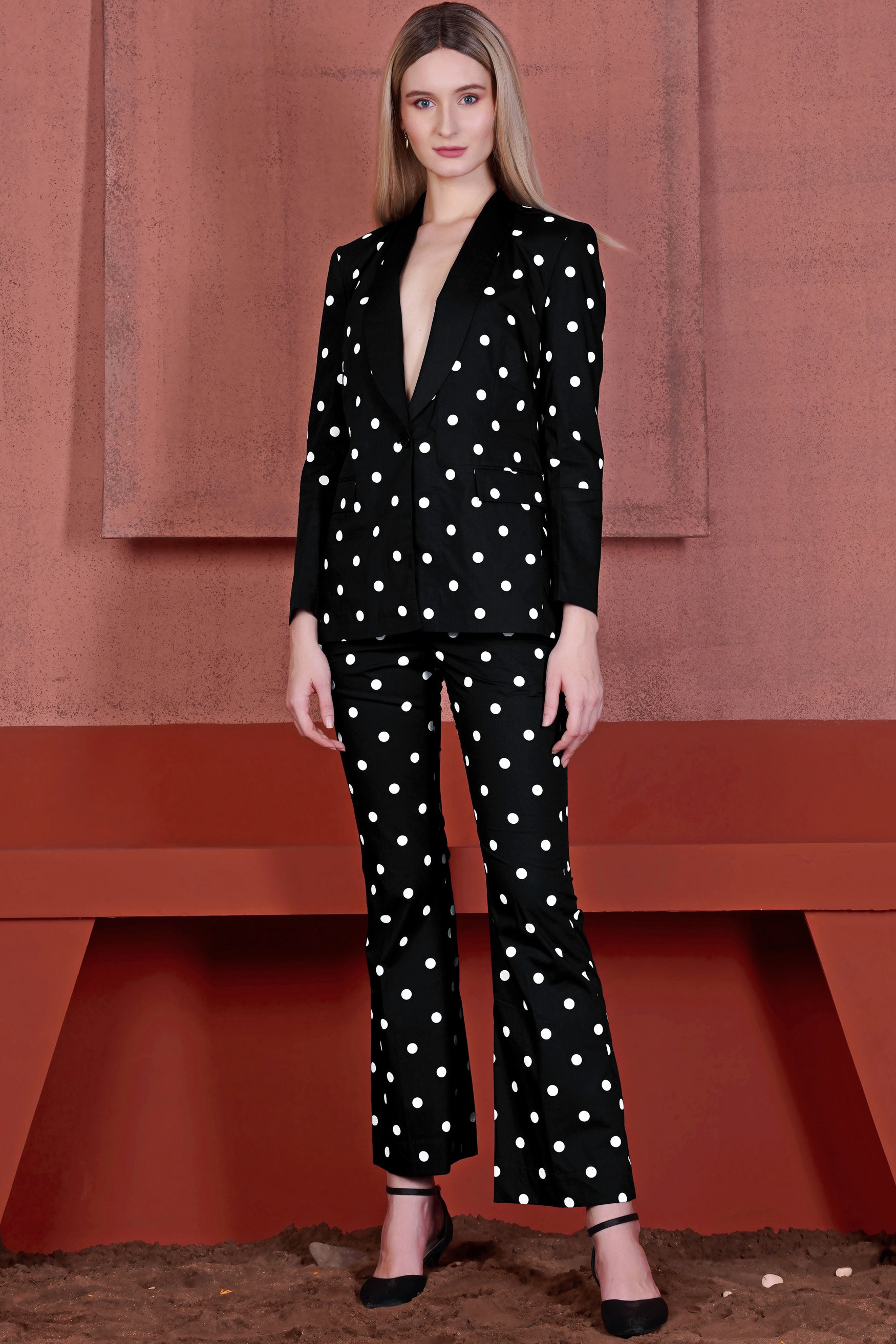 Jade Black and White Polka Dotted Premium Cotton Women’s Tuxedo Suit