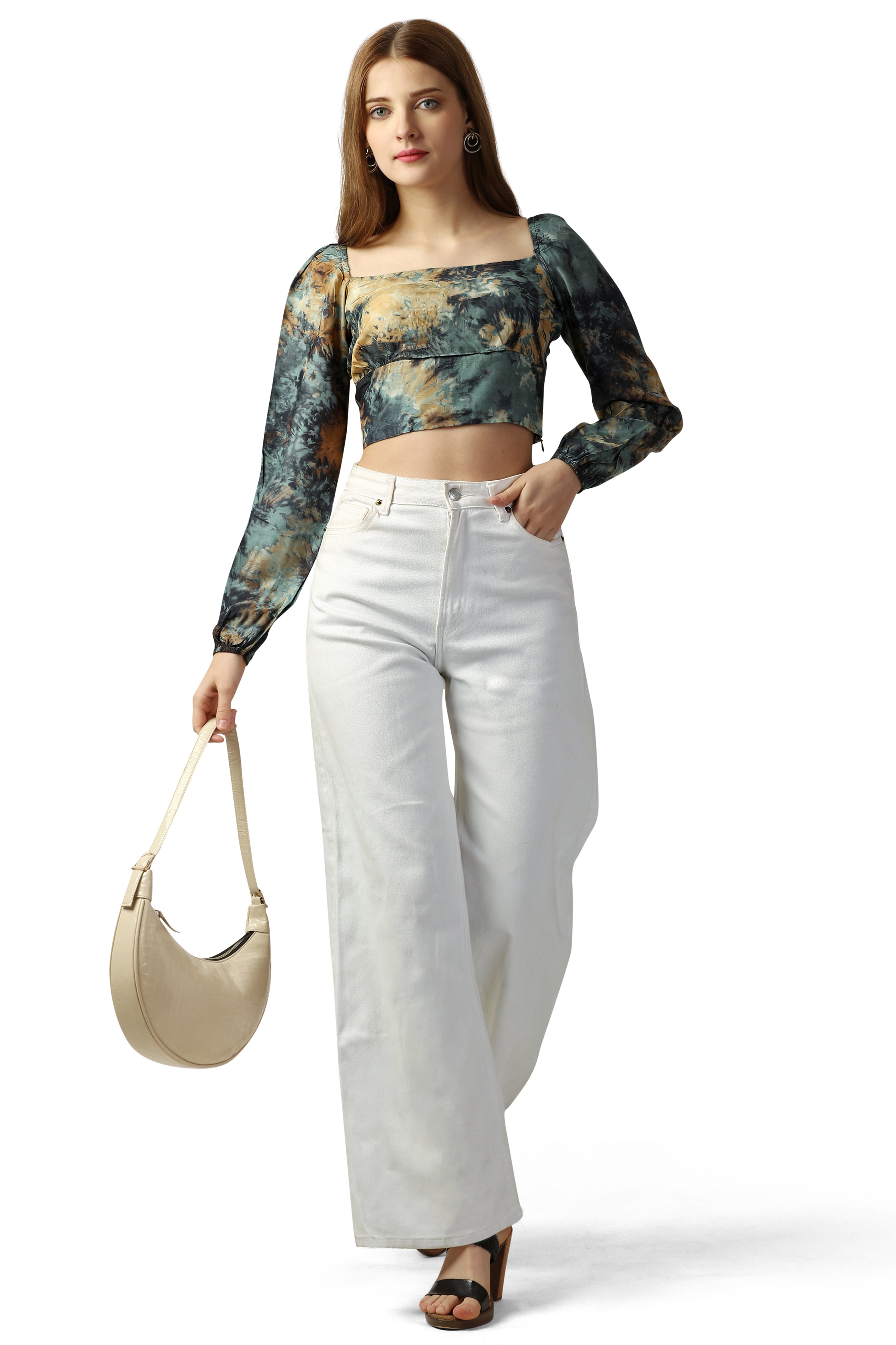 Finlandia Green with Multicolored Printed Viscose Crop Top