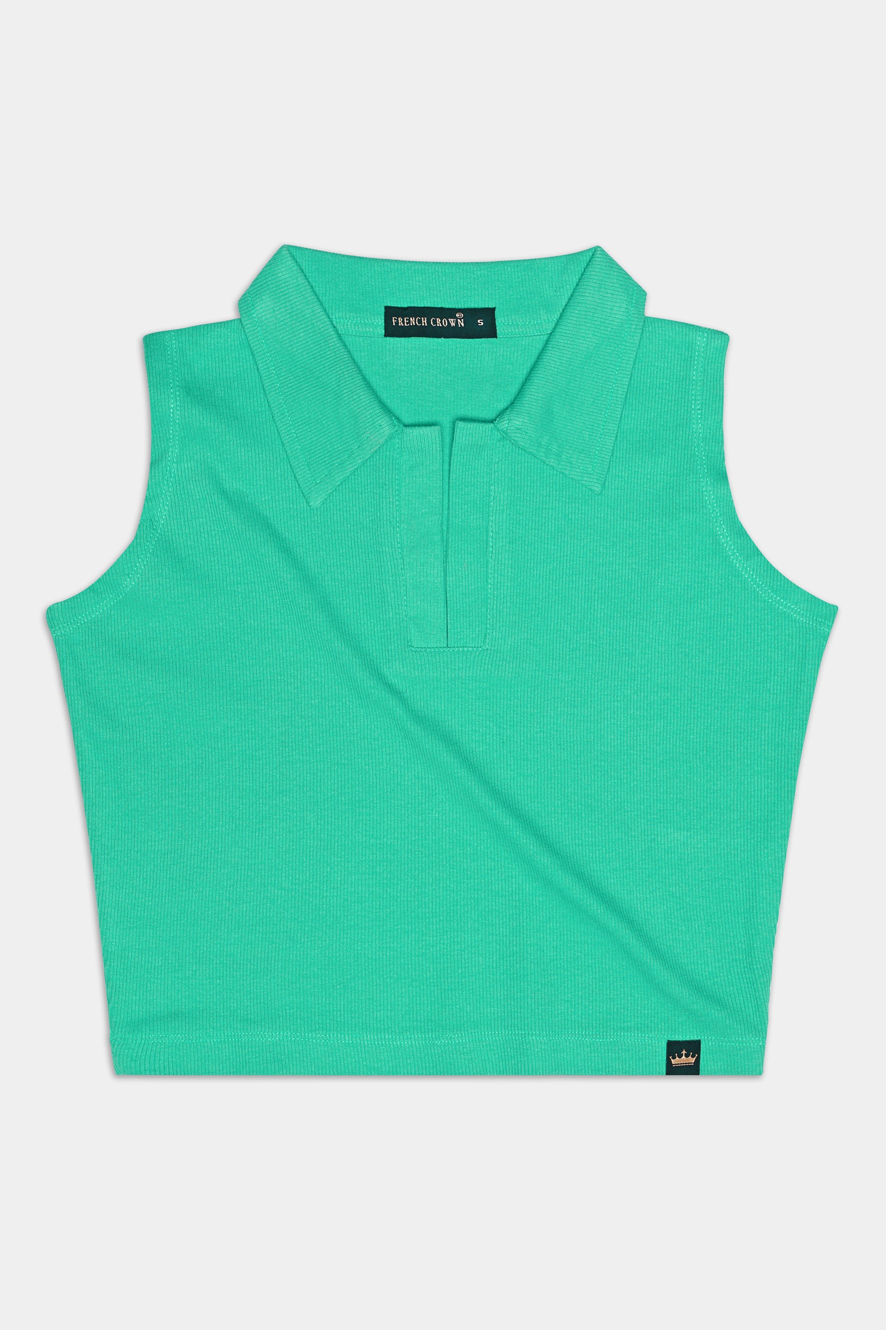Puerto Green Premium Cotton Knit Stretchable Crop Top with Polo Collar