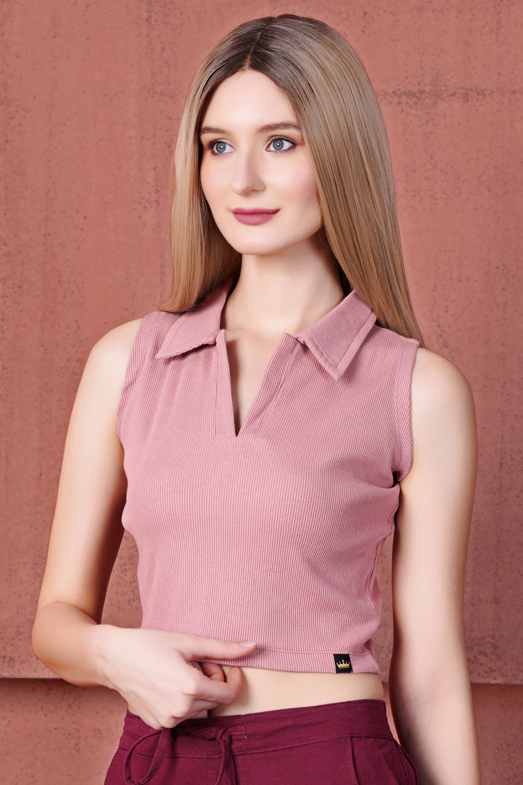 Mauve Pink Premium Cotton Knit Stretchable Crop Top with Polo Collar