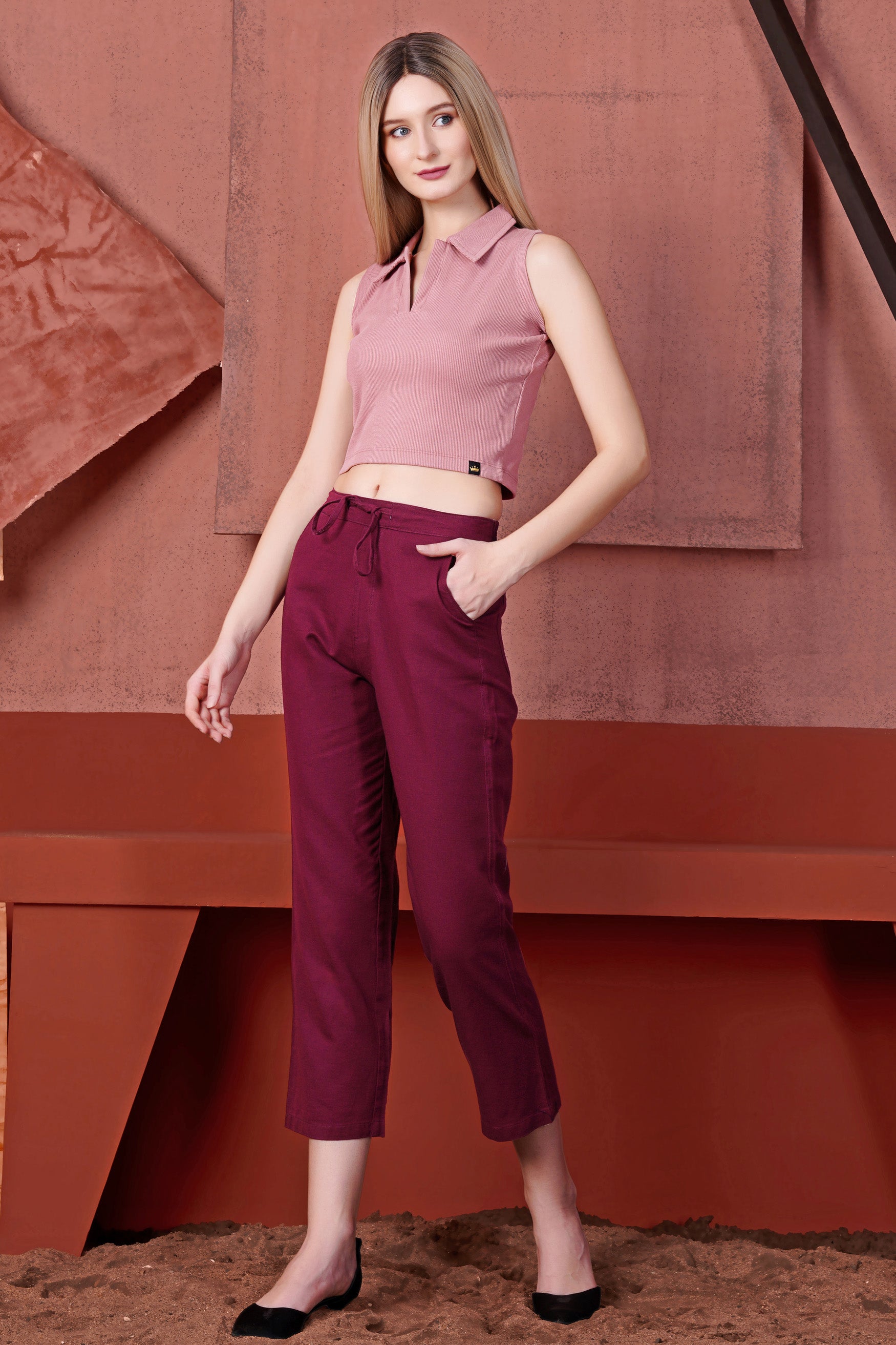 Mauve Pink Premium Cotton Knit Stretchable Crop Top with Polo Collar