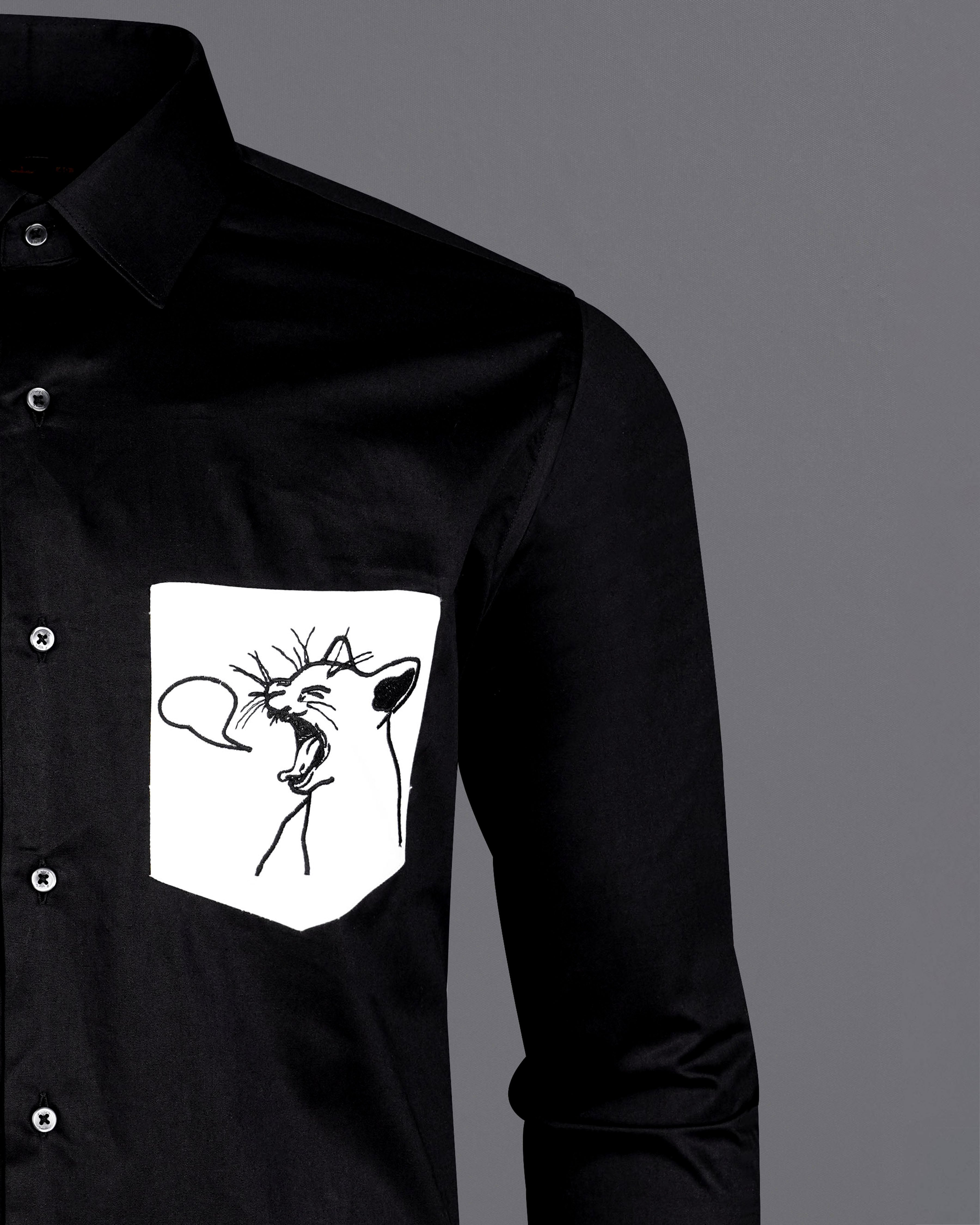 Jade Black With White Patch Pocket Cat Embroidered Super Soft Premium Cotton Shirt 1312-BLK-E001-38, 1312-BLK-E001-H-38, 1312-BLK-E001-39, 1312-BLK-E001-H-39, 1312-BLK-E001-40, 1312-BLK-E001-H-40, 1312-BLK-E001-42, 1312-BLK-E001-H-42, 1312-BLK-E001-44, 1312-BLK-E001-H-44, 1312-BLK-E001-46, 1312-BLK-E001-H-46, 1312-BLK-E001-48, 1312-BLK-E001-H-48, 1312-BLK-E001-50, 1312-BLK-E001-H-50, 1312-BLK-E001-52, 1312-BLK-E001-H-52