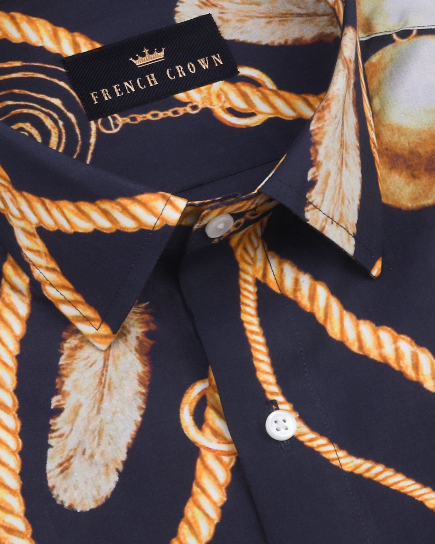 Black with Golden Rope, Feather and ball Printed Premium Cotton Shirt