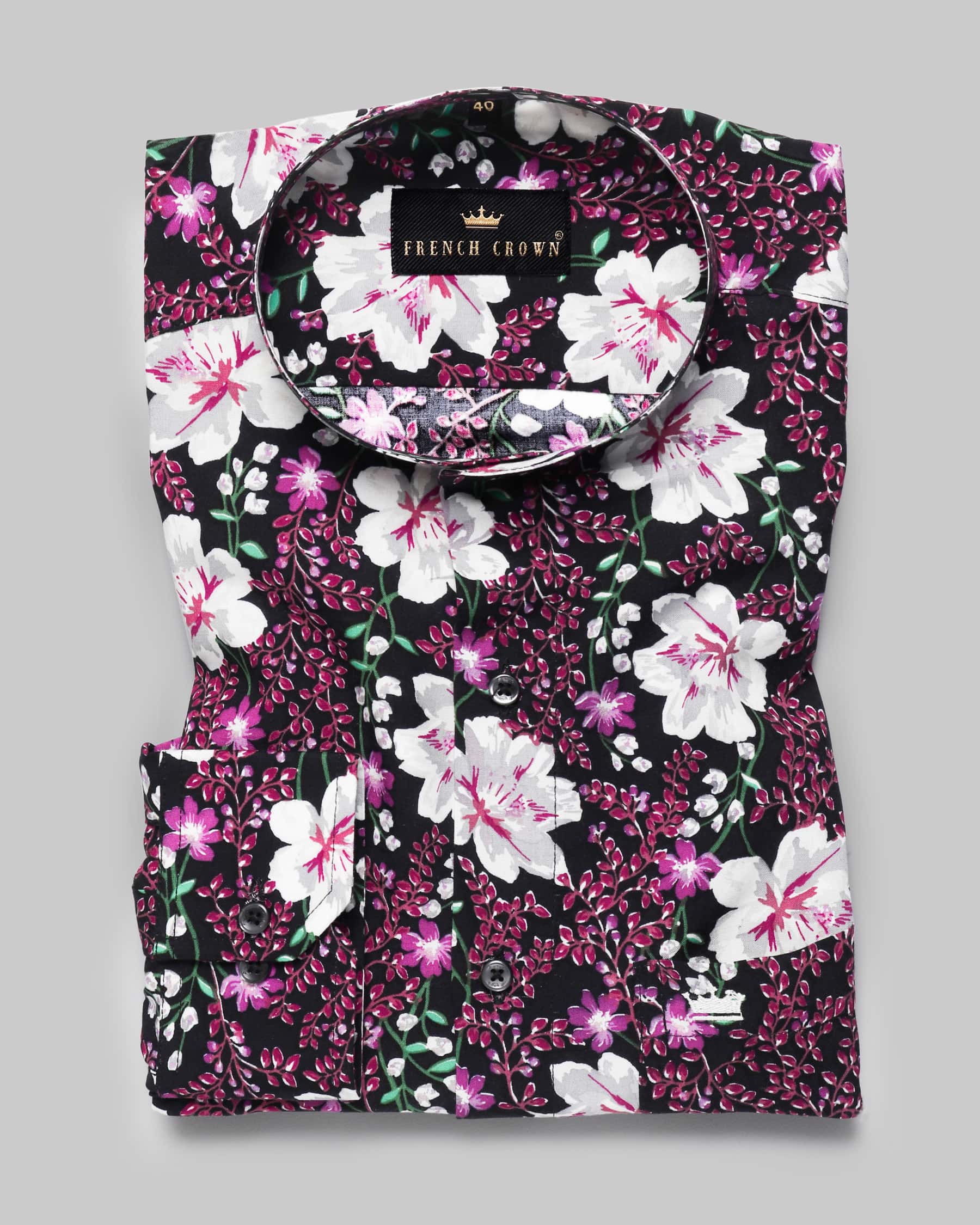 Jade Black with Purple Flowers Printed Beach Shirt