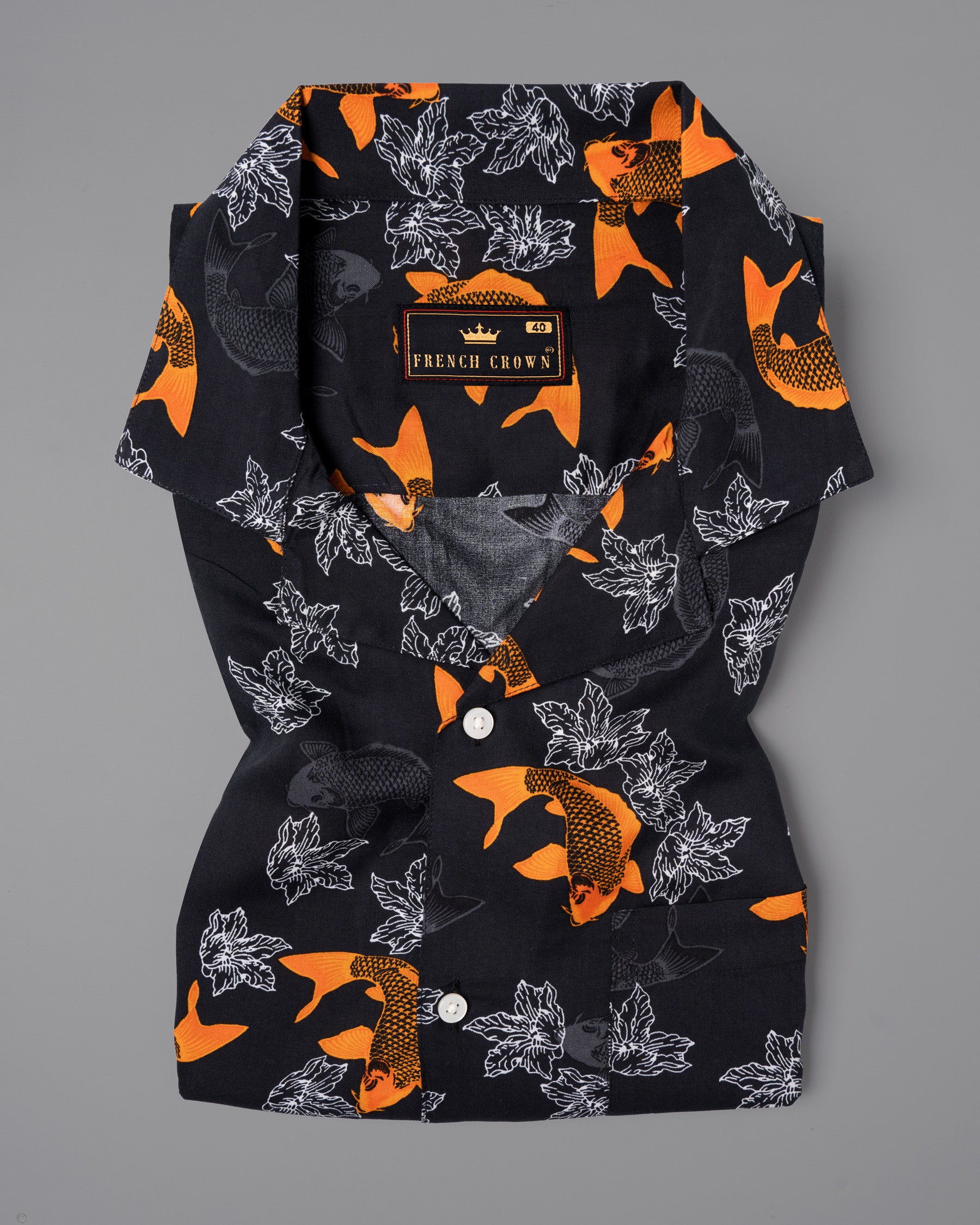 Jade Black Fish and Flower Printed Tencel Shirt 4908-CC-H-38, 4908-CC-H-39, 4908-CC-H-40, 4908-CC-H-42, 4908-CC-H-46, 4908-CC-H-50, 4908-CC-H-48, 4908-CC-H-52, 4908-CC-H-44