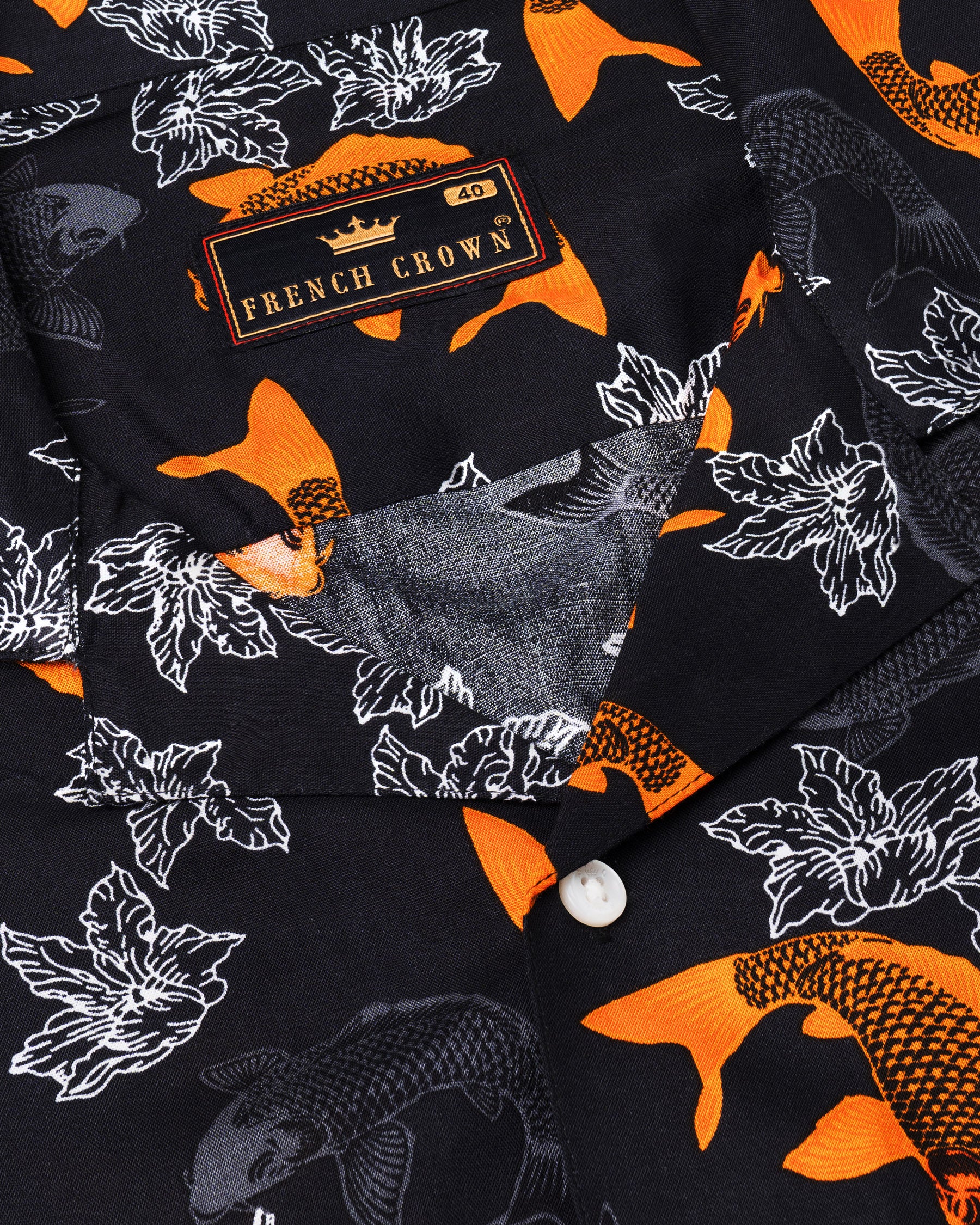 Jade Black Fish and Flower Printed Tencel Shirt 4908-CC-H-38, 4908-CC-H-39, 4908-CC-H-40, 4908-CC-H-42, 4908-CC-H-46, 4908-CC-H-50, 4908-CC-H-48, 4908-CC-H-52, 4908-CC-H-44