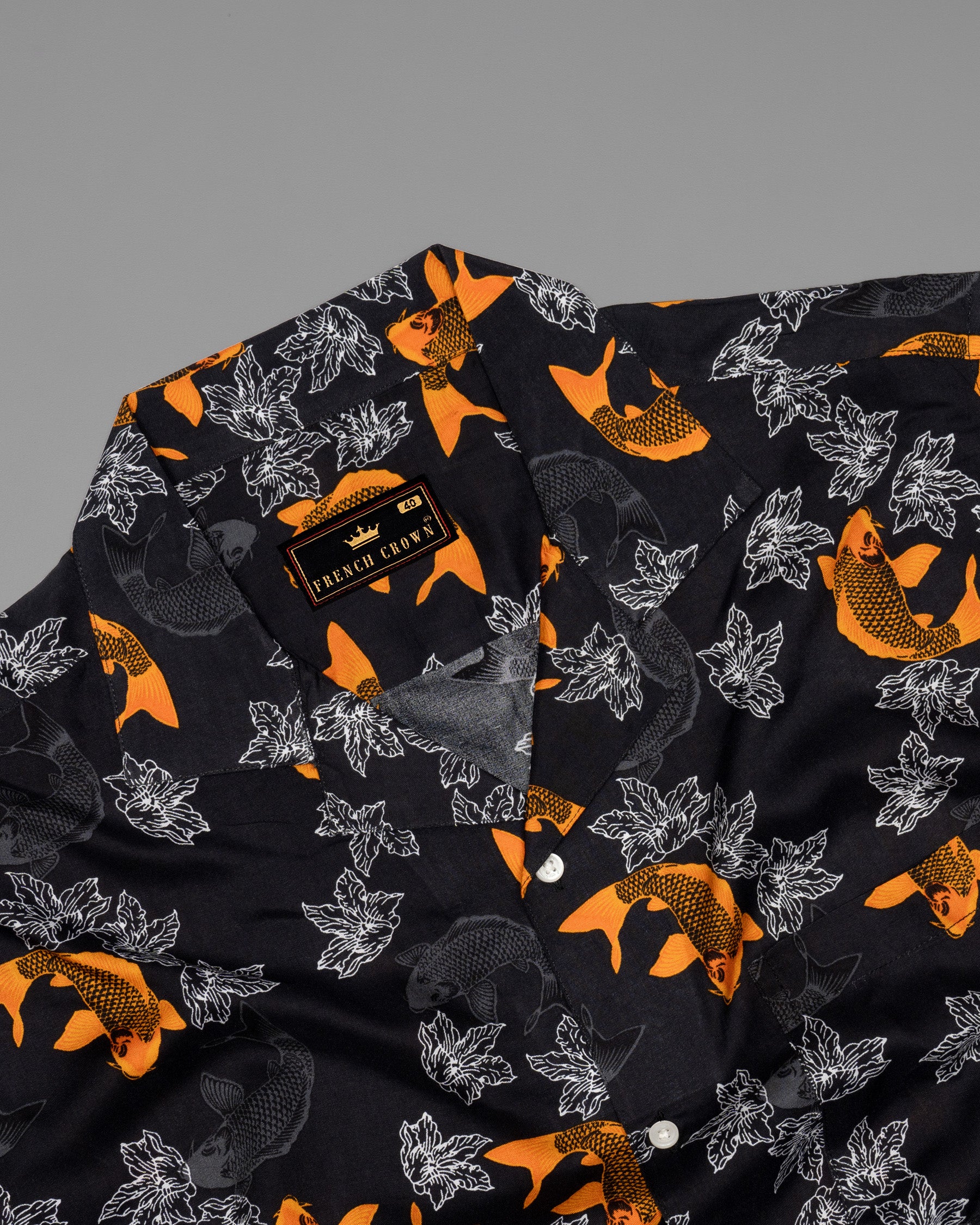 Jade Black Fish and Flower Printed Tencel Shirt 4908-CC-H-38, 4908-CC-H-39, 4908-CC-H-40, 4908-CC-H-42, 4908-CC-H-46, 4908-CC-H-50, 4908-CC-H-48, 4908-CC-H-52, 4908-CC-H-44