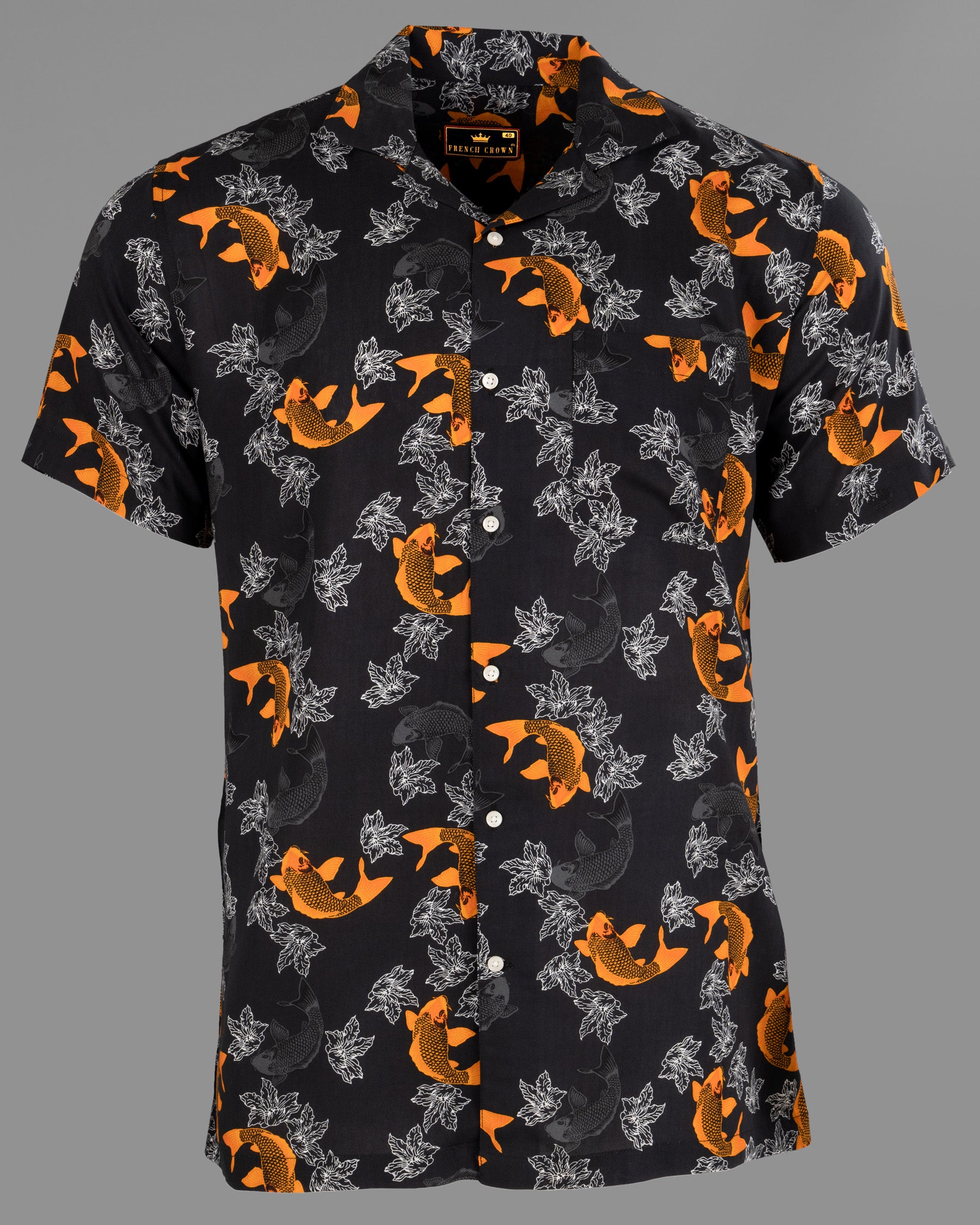 Jade Black Fish and Flower Printed Tencel Shirt 4908-CC-H-38, 4908-CC-H-39, 4908-CC-H-40, 4908-CC-H-42, 4908-CC-H-46, 4908-CC-H-50, 4908-CC-H-48, 4908-CC-H-52, 4908-CC-H-44
