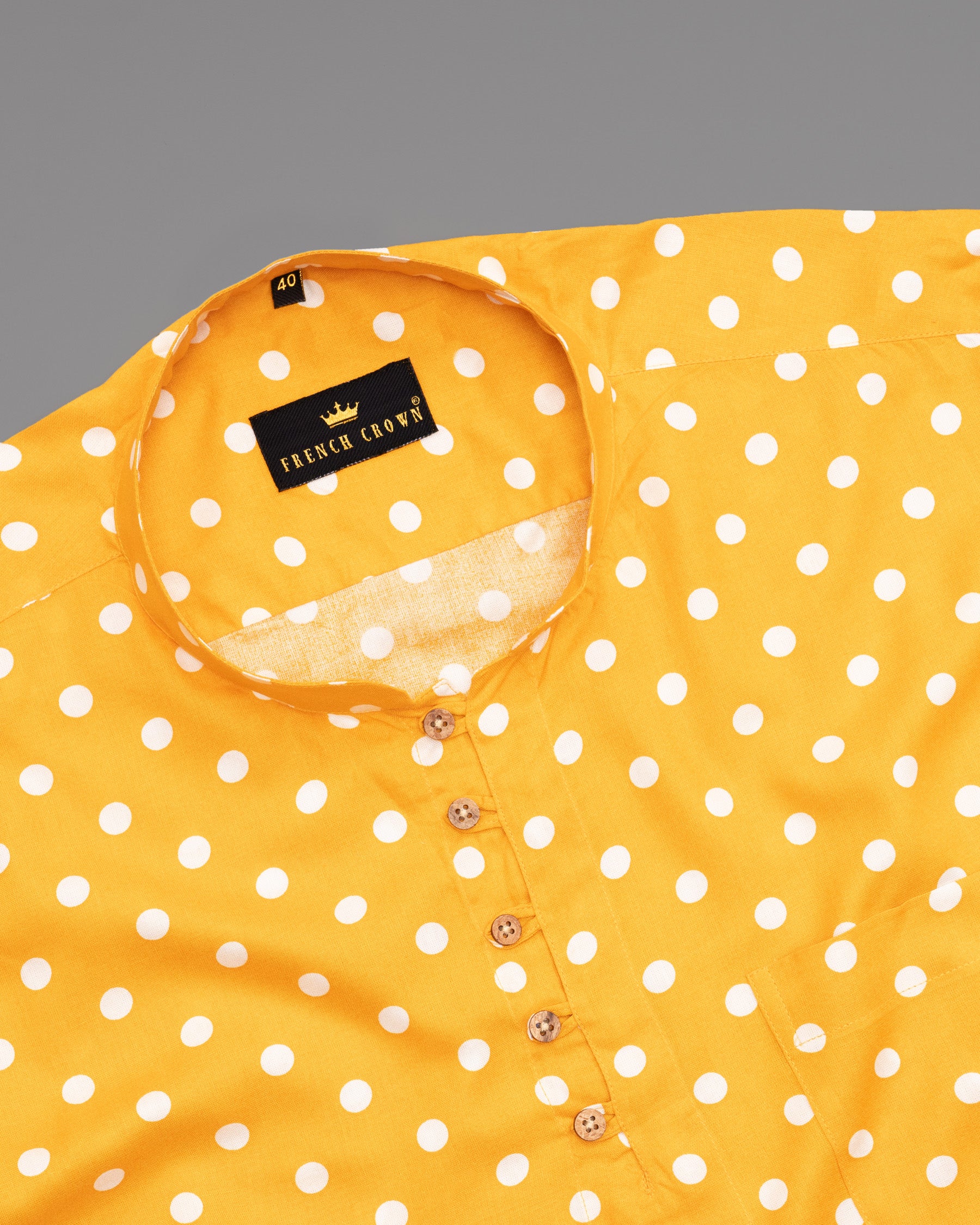 Golden Tainoi Yellow Polka Dots Tencel Kurta Style Beach Shirt