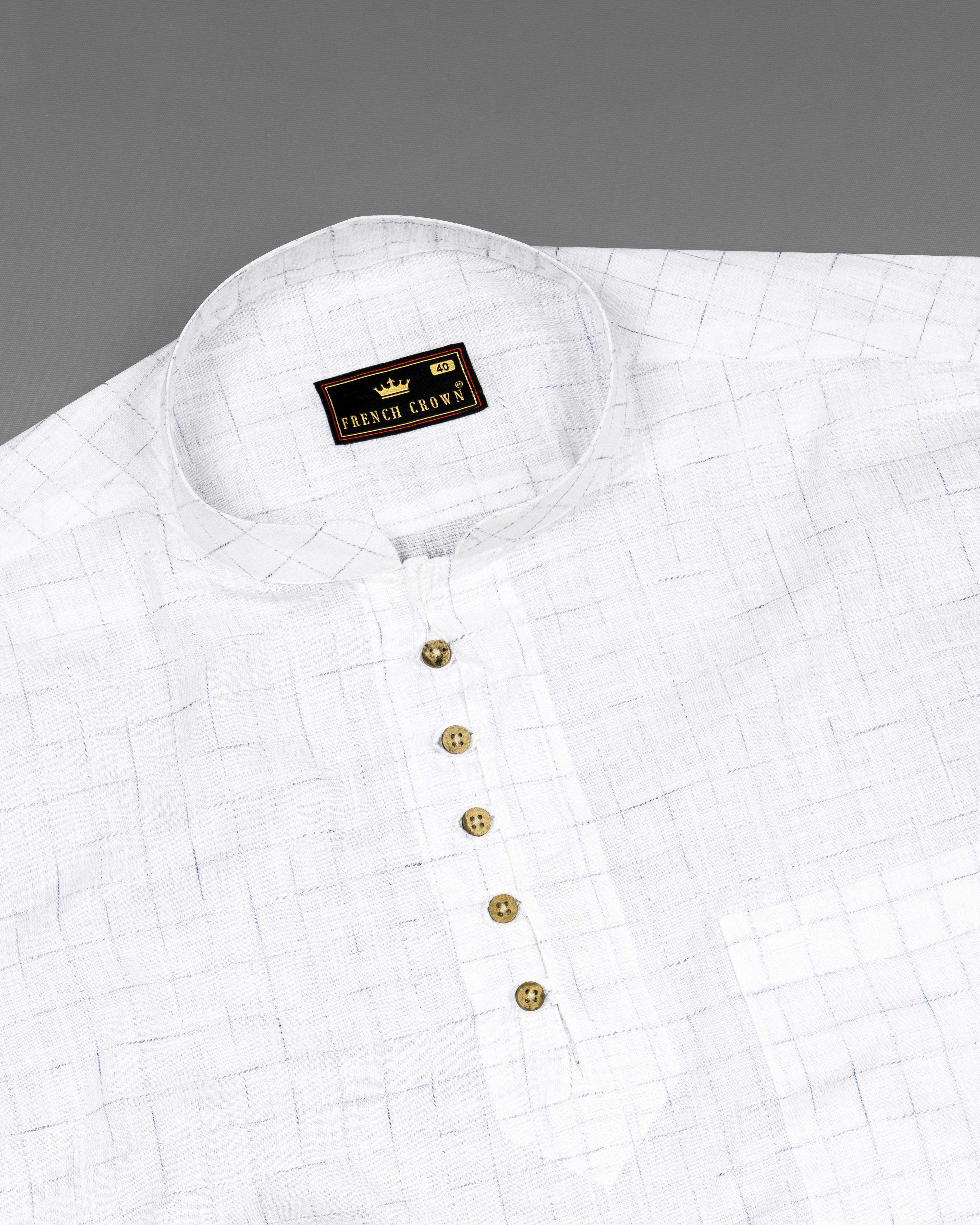 Bright White windowpane Luxurious Linen Kurta Shirt