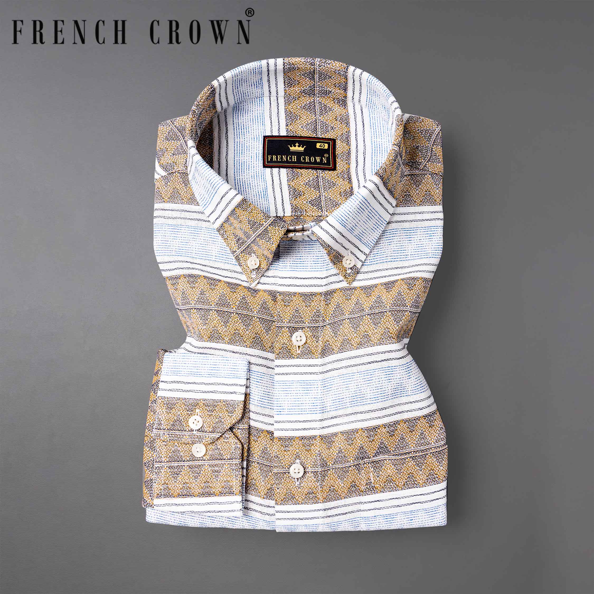 Bright White with Brown  Dobby Textured Premium Cotton Overshirt/Shacket