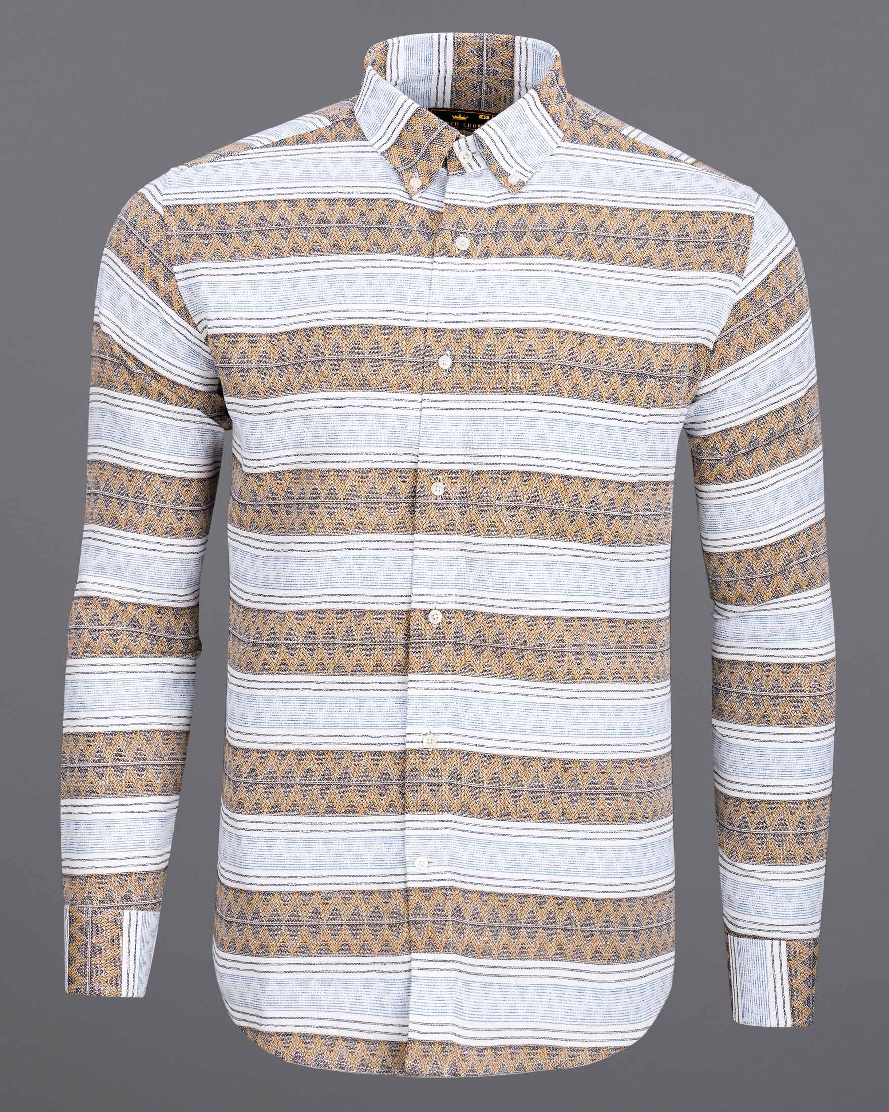 Bright White with Brown  Dobby Textured Premium Cotton Overshirt/Shacket