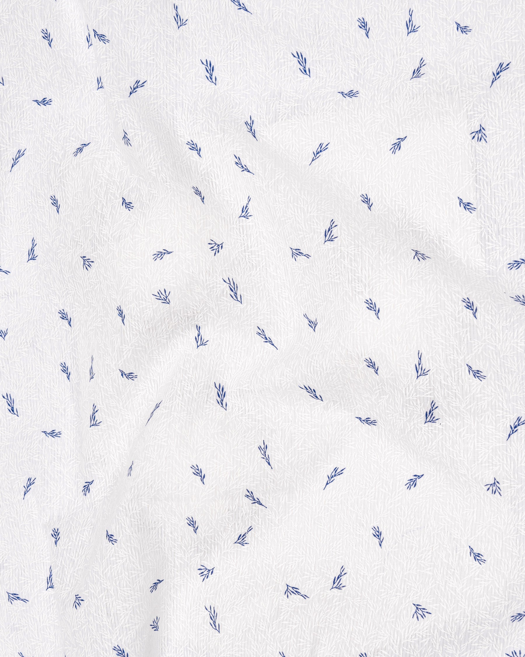 White and Chambray Blue Leaf Print Premium Cotton Kurta Shirt