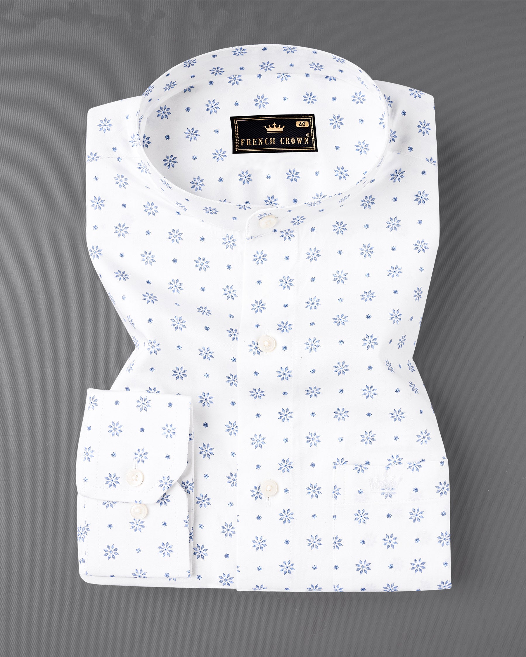 Bright White With Pale Cerulean Blue Floral Printed Premium Cotton Shirt