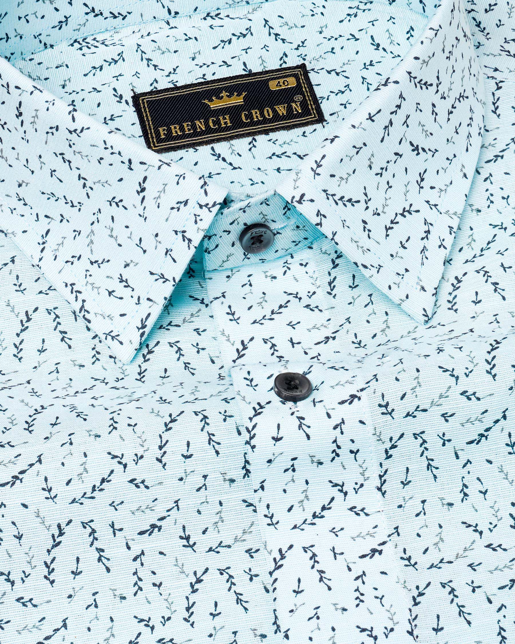 Tropical blue and Casper Green Leaves Printed Luxurious Linen Shirt