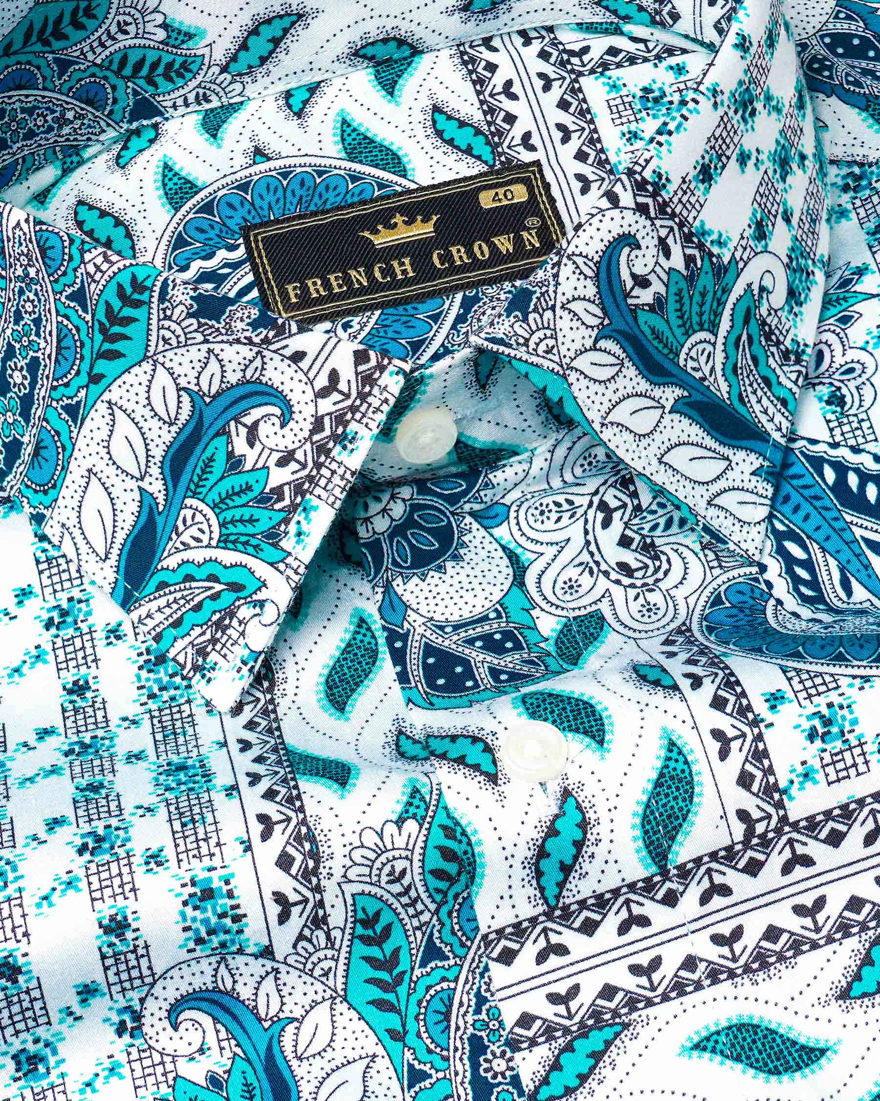 Cerulean Blue with Dark Turquoise Bohemian Paisley Printed Super Soft Premium Cotton Shirt 7503-38, 7503-H-38, 7503-39, 7503-H-39, 7503-40, 7503-H-40, 7503-42, 7503-H-42, 7503-44, 7503-H-44, 7503-46, 7503-H-46, 7503-48, 7503-H-48, 7503-50, 7503-H-50, 7503-52, 7503-H-52