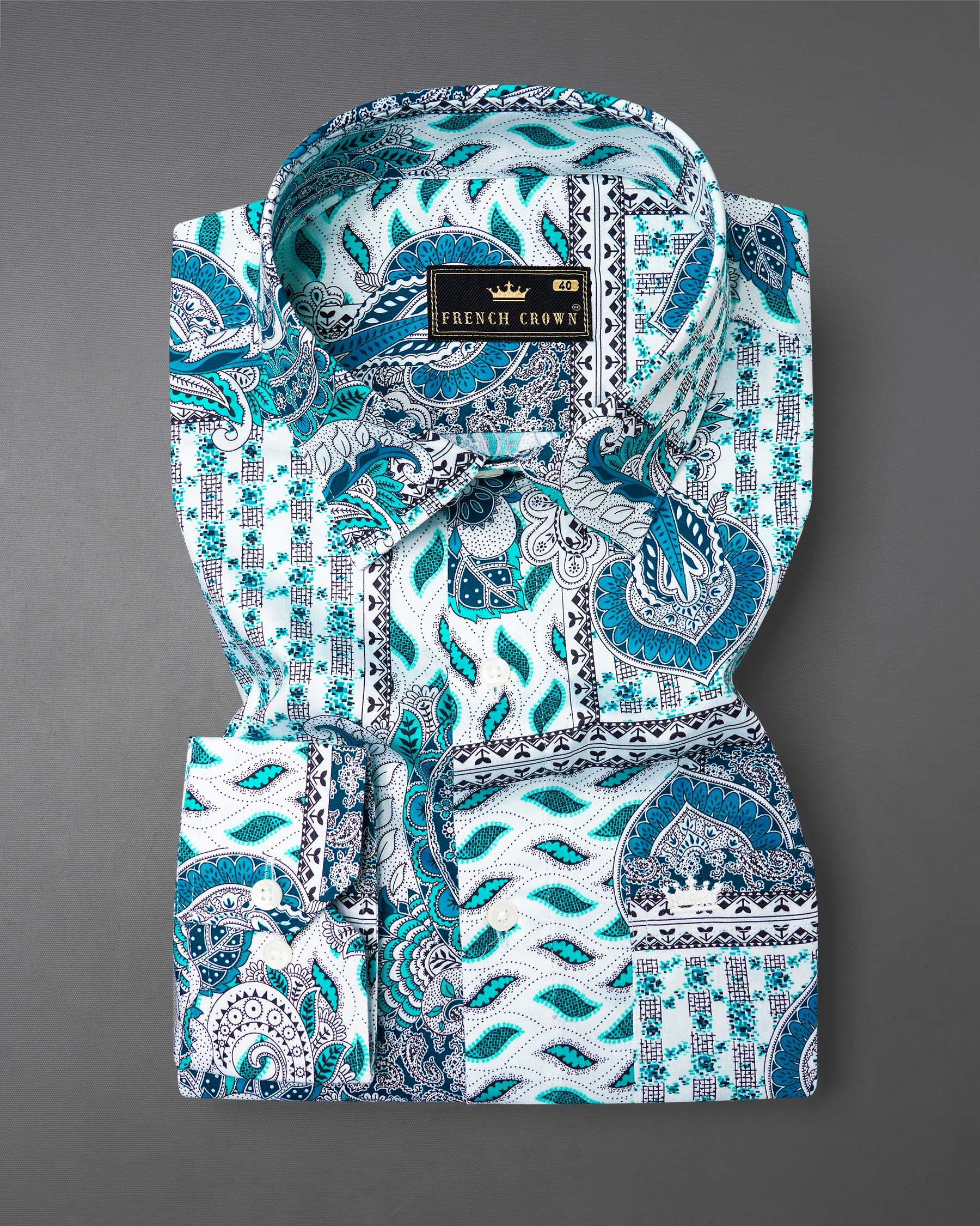 Cerulean Blue with Dark Turquoise Bohemian Paisley Printed Super Soft Premium Cotton Shirt 7503-38, 7503-H-38, 7503-39, 7503-H-39, 7503-40, 7503-H-40, 7503-42, 7503-H-42, 7503-44, 7503-H-44, 7503-46, 7503-H-46, 7503-48, 7503-H-48, 7503-50, 7503-H-50, 7503-52, 7503-H-52