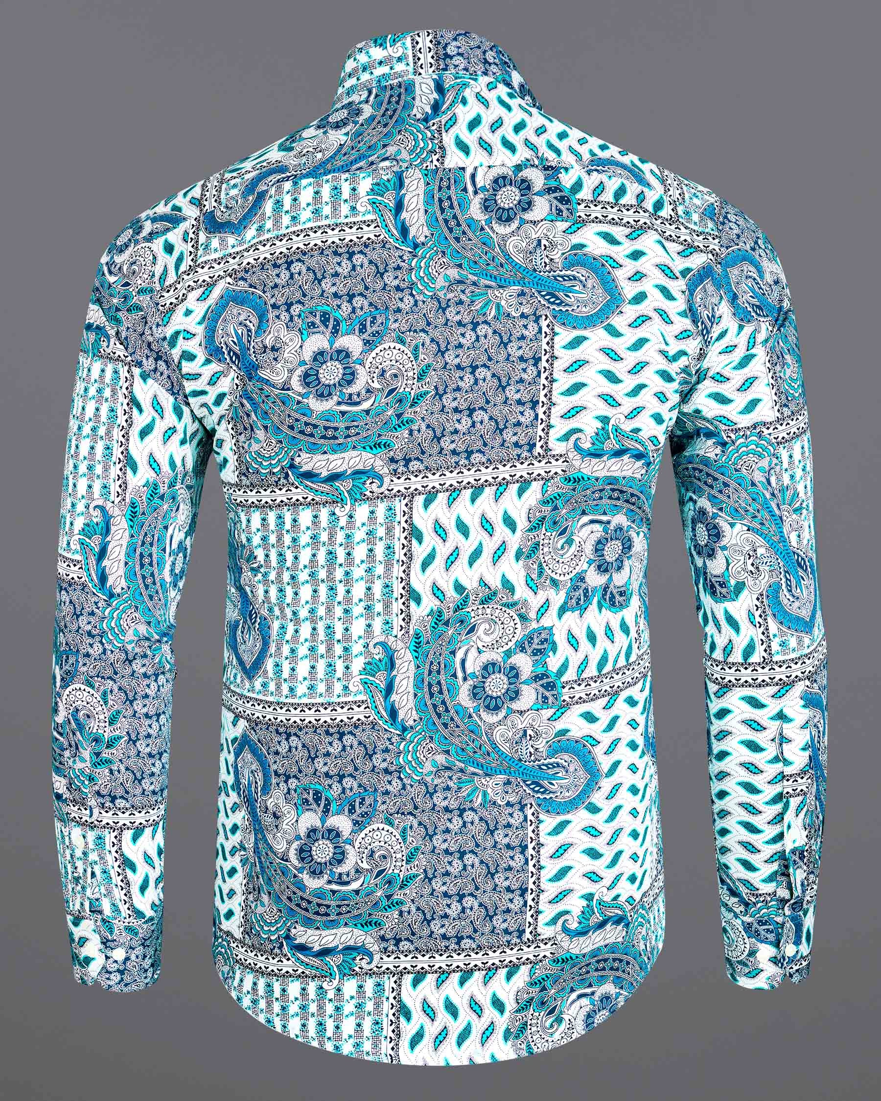 Cerulean Blue with Dark Turquoise Bohemian Paisley Printed Super Soft Premium Cotton Shirt 7503-38, 7503-H-38, 7503-39, 7503-H-39, 7503-40, 7503-H-40, 7503-42, 7503-H-42, 7503-44, 7503-H-44, 7503-46, 7503-H-46, 7503-48, 7503-H-48, 7503-50, 7503-H-50, 7503-52, 7503-H-52
