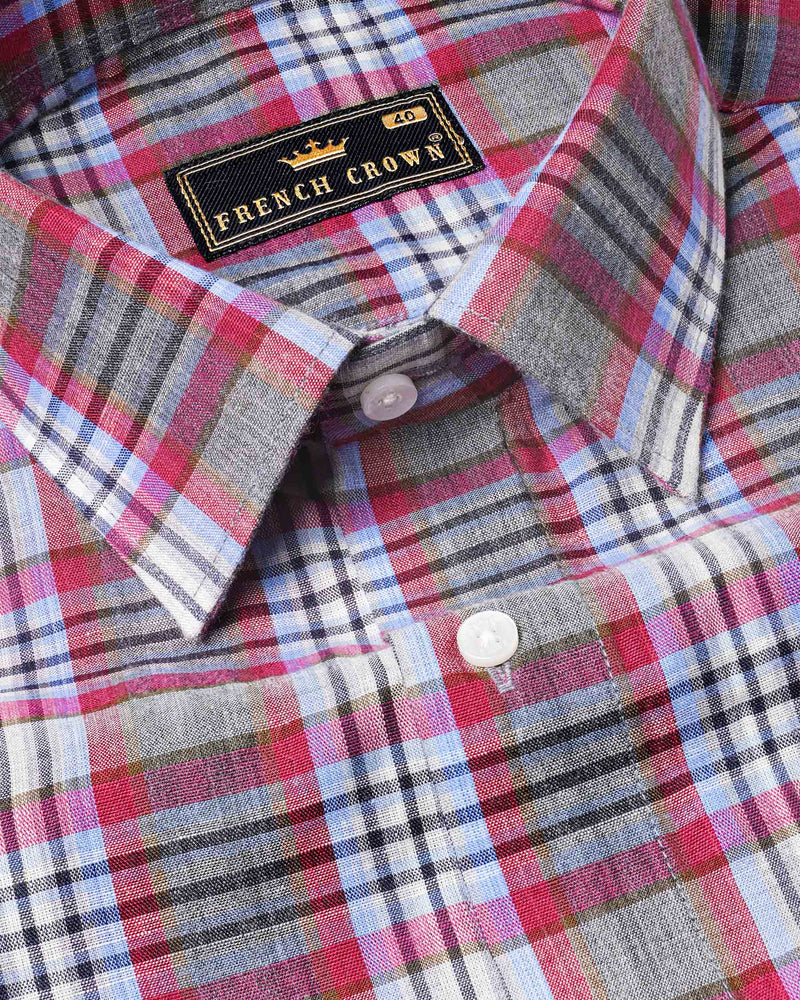 Perano Blue with Hibiscus Red Plaid Premium Cotton Shirt 7682-38, 7682-H-38, 7682-39,7682-H-39, 7682-40, 7682-H-40, 7682-42, 7682-H-42, 7682-44, 7682-H-44, 7682-46, 7682-H-46, 7682-48, 7682-H-48, 7682-50, 7682-H-50, 7682-52, 7682-H-52