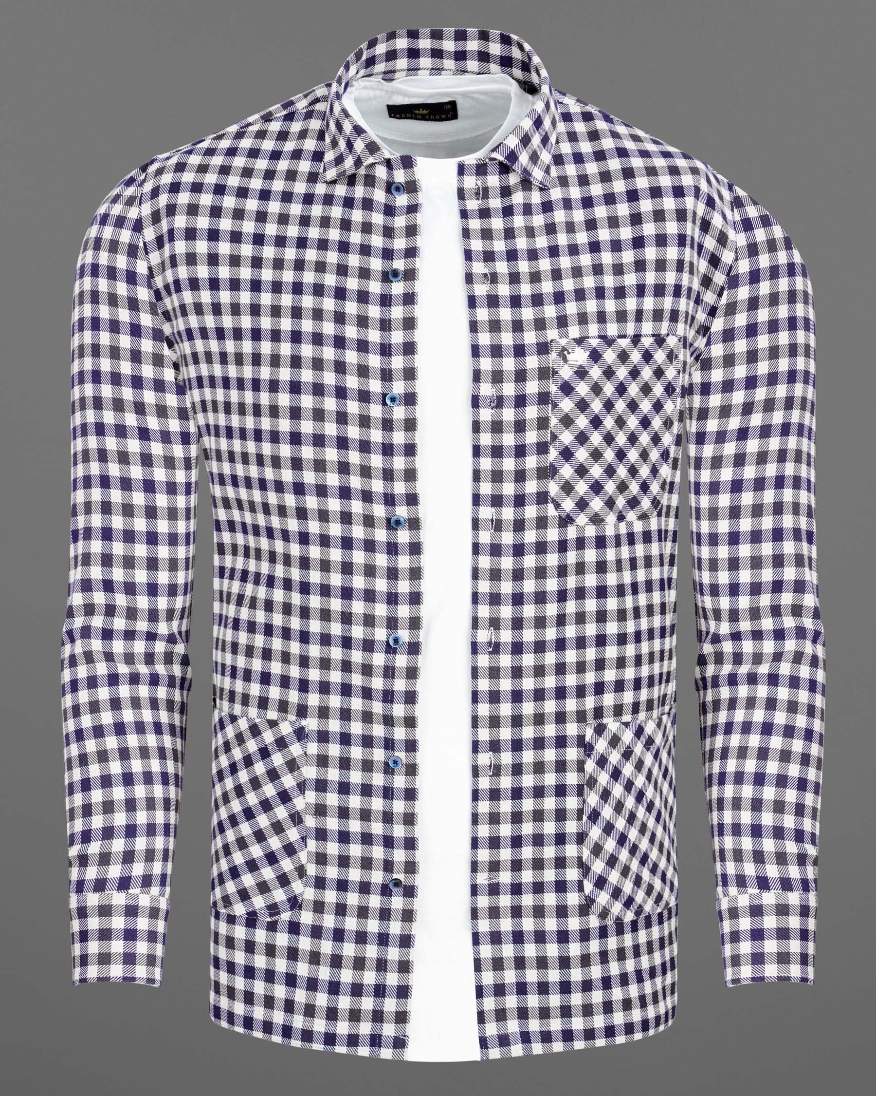 Cloud Burst Navy Blue and White Gingham Heavyweight Twill Premium Cotton Designer Over Shirt 7706-OS-P180-38, 7706-OS-P180-39, 7706-OS-P180-40, 7706-OS-P180-42, 7706-OS-P180-44, 7706-OS-P180-46, 7706-OS-P180-48, 7706-OS-P180-50, 7706-OS-P180-52