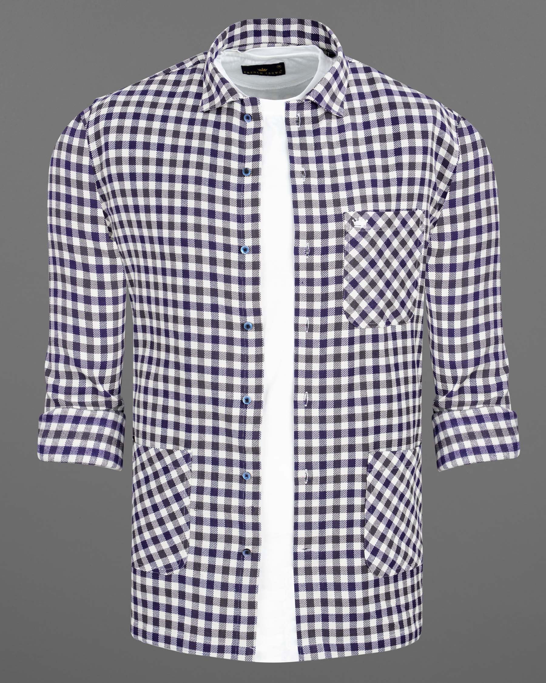 Cloud Burst Navy Blue and White Gingham Heavyweight Twill Premium Cotton Designer Over Shirt 7706-OS-P180-38, 7706-OS-P180-39, 7706-OS-P180-40, 7706-OS-P180-42, 7706-OS-P180-44, 7706-OS-P180-46, 7706-OS-P180-48, 7706-OS-P180-50, 7706-OS-P180-52